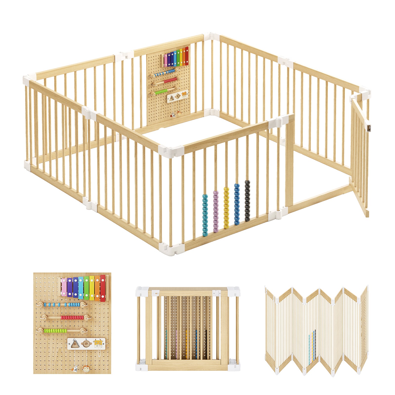 Foldable 8-Panel Wooden Playpen – Portable Safety Gate for Toddlers, Natural Pine Finish