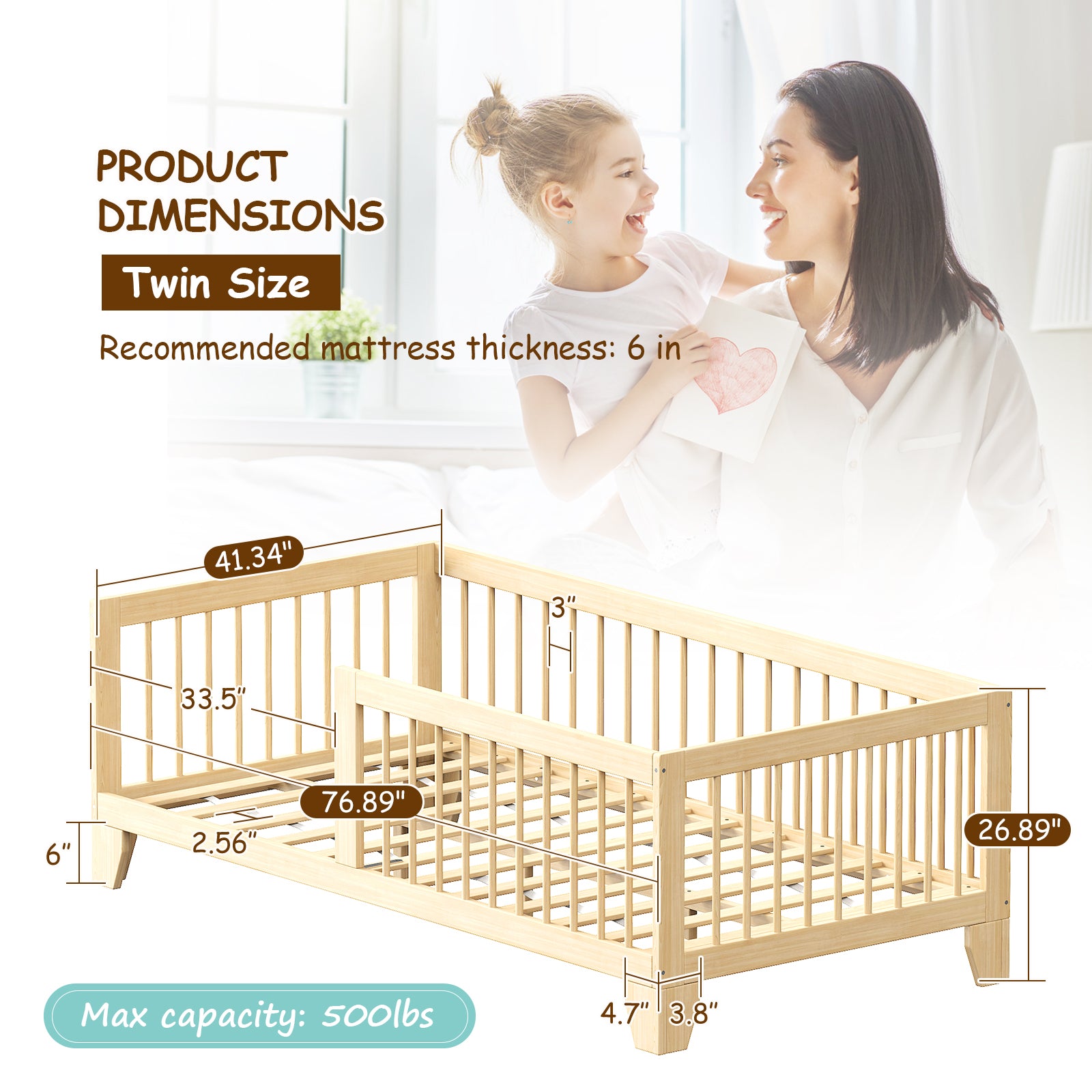 Floor Bed with Guardrail, Twin Size for Toddlers (9570720612503)