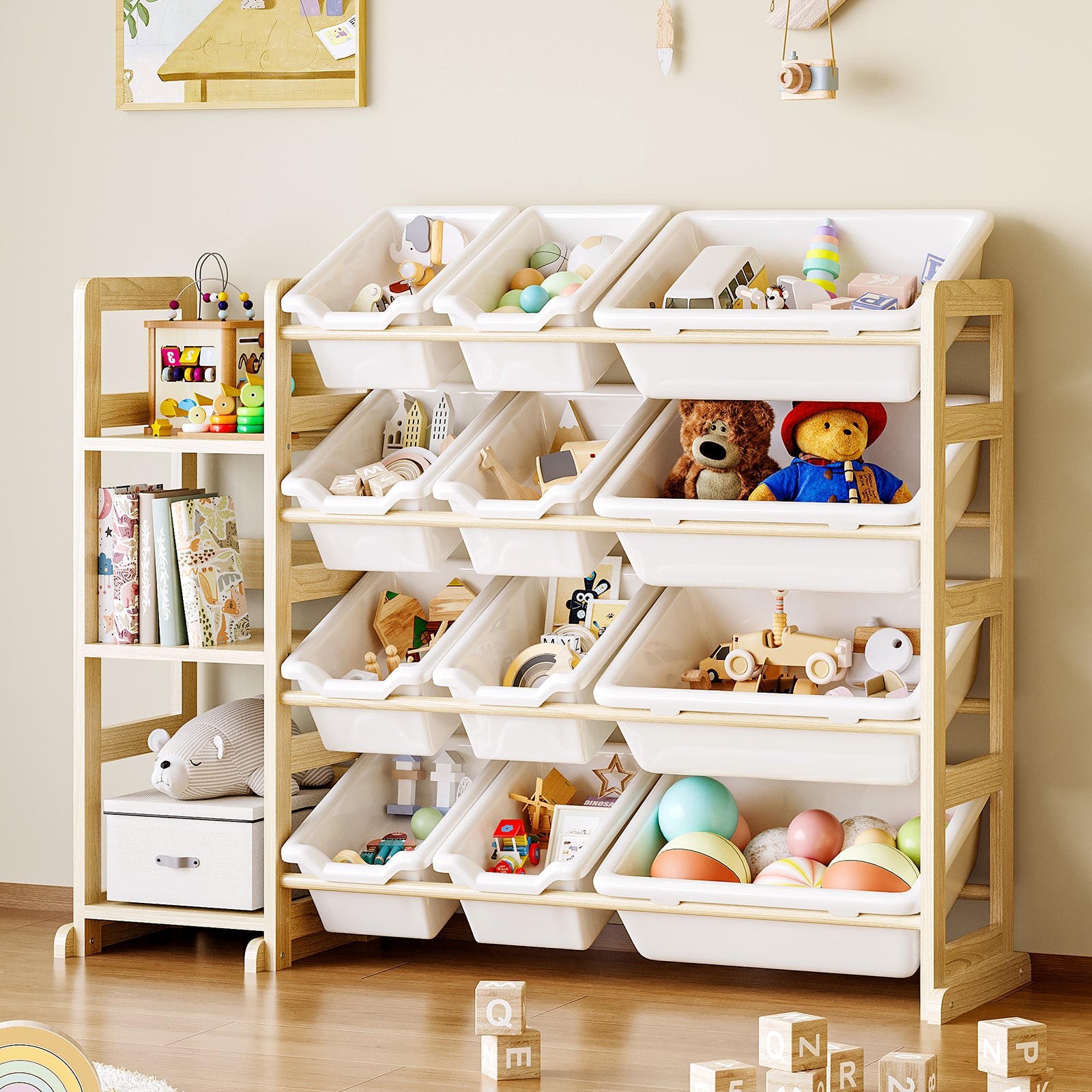 Books & Toys, Beautifully Organized – Solid Pine Storage Organizer with Bookshelf for Nursery, Playroom