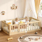 Twin Montessori Floor Bed with 10 Wood Slats and Guardrails (9642471063703)