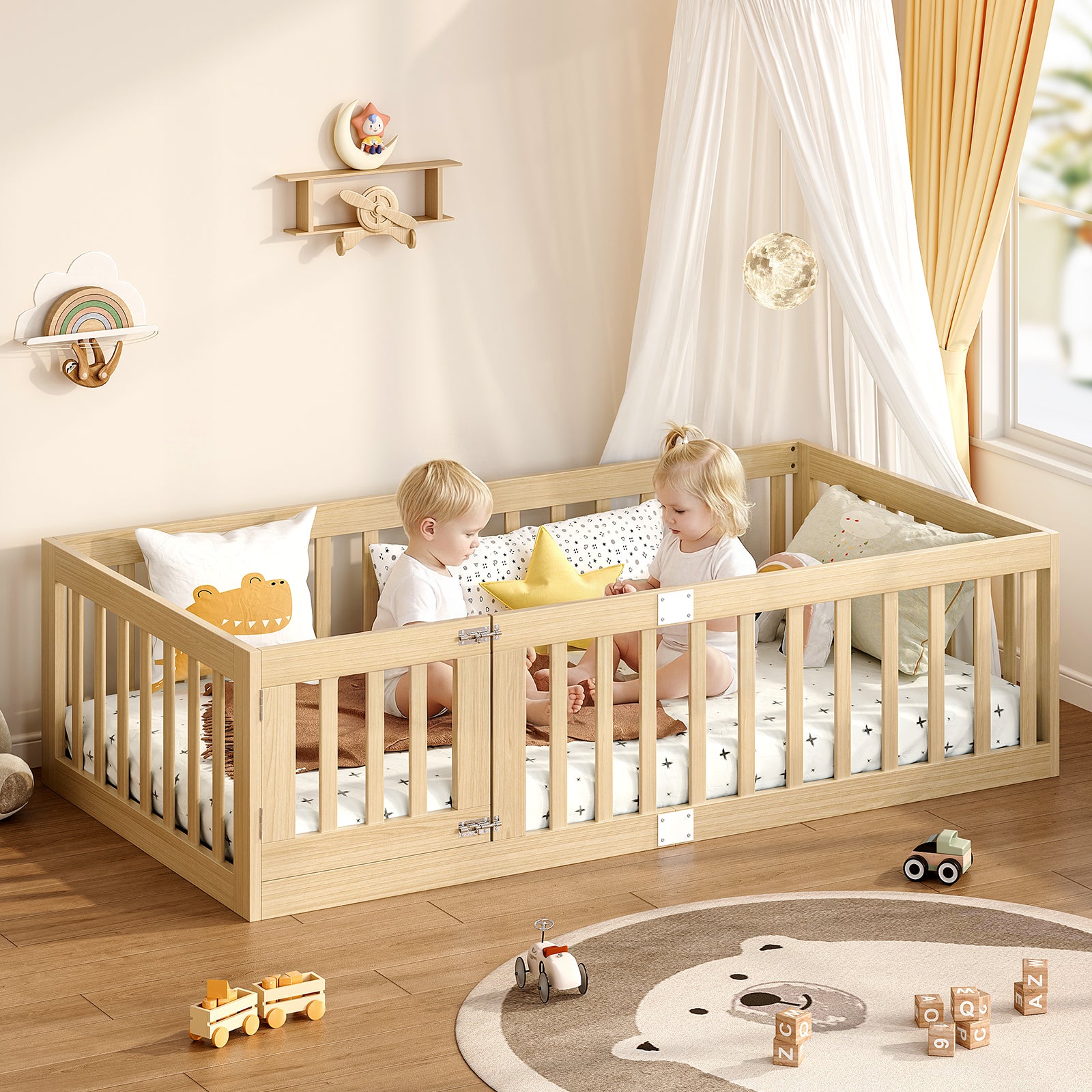 Twin Montessori Floor Bed with 10 Wood Slats and Guardrails (9642471063703)