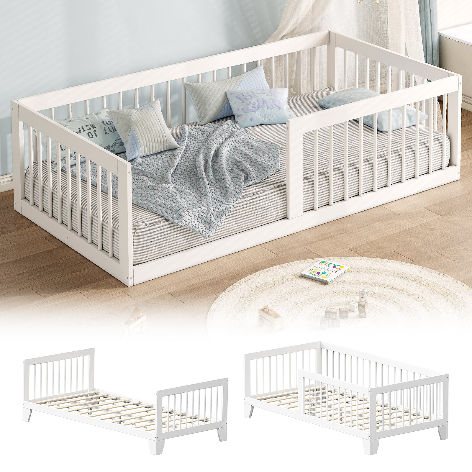 Wooden 3-in-1 Montessori Toddler Floor Bed with Guard Rails (9570720612503)