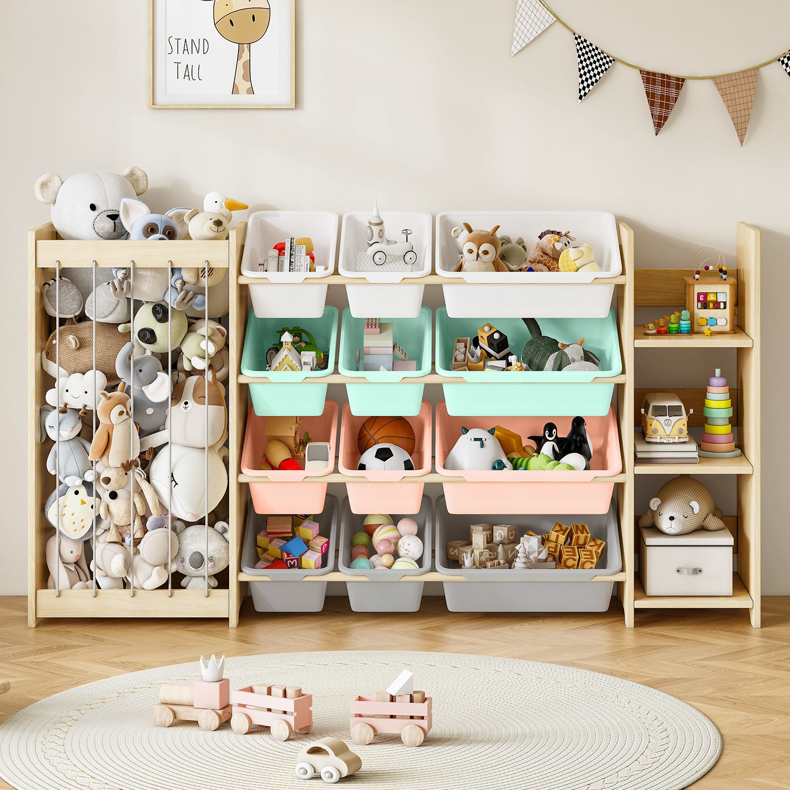 3-in-1 Kids Wooden Storage Bookshelf with 12 Bins (9615053619351)