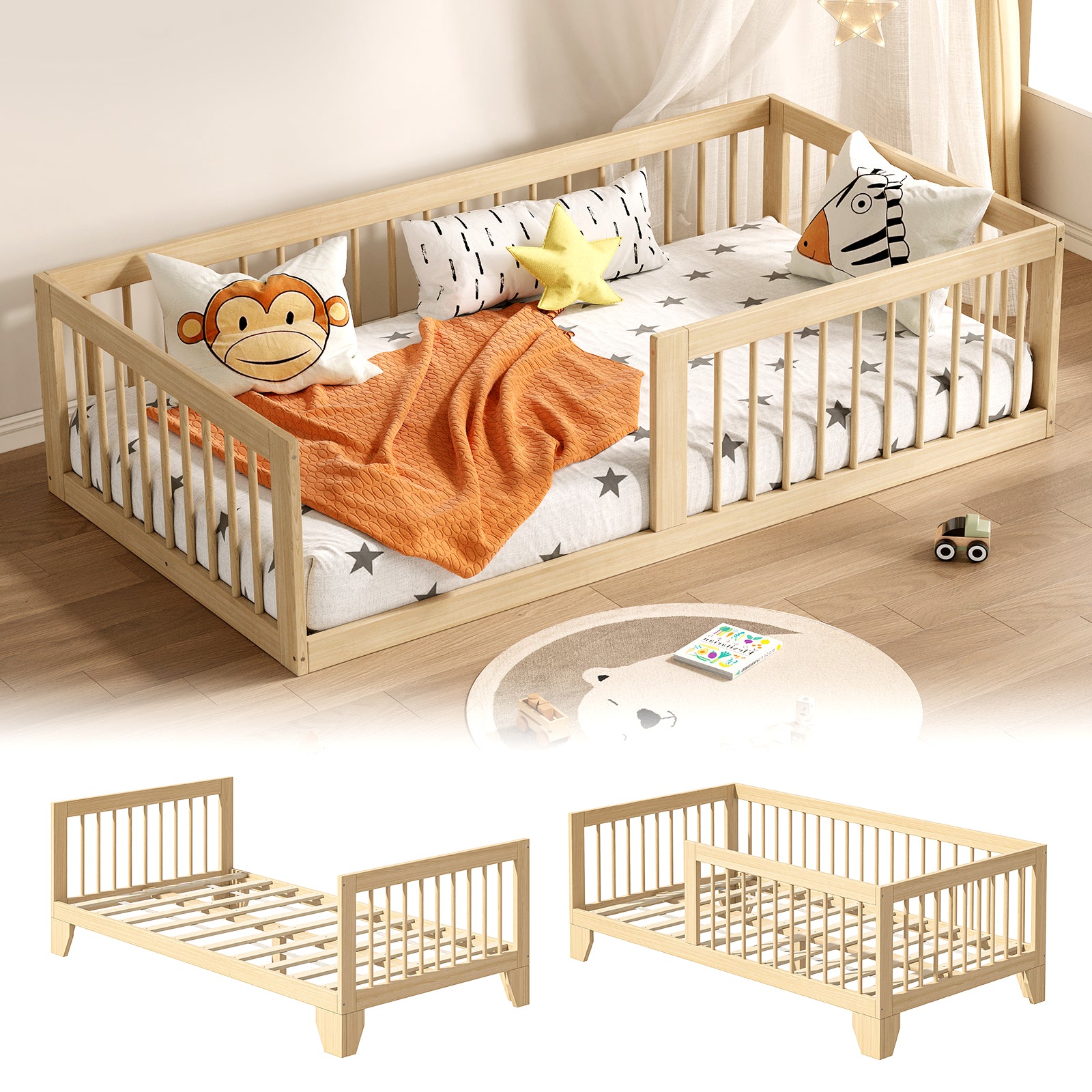 Floor Bed with Guardrail, Twin Size for Toddlers (9570720612503)