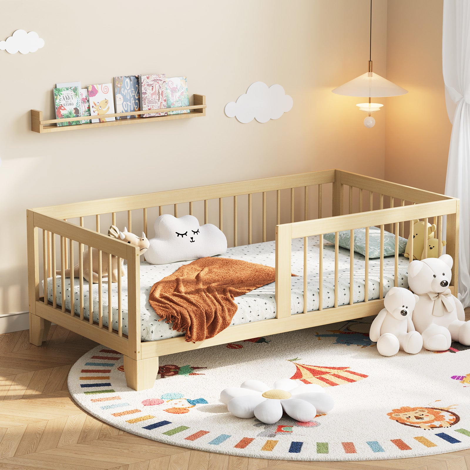 Safe & Independent Sleep – Solid Wood Floor Bed with Guardrail, Twin Size for Toddlers