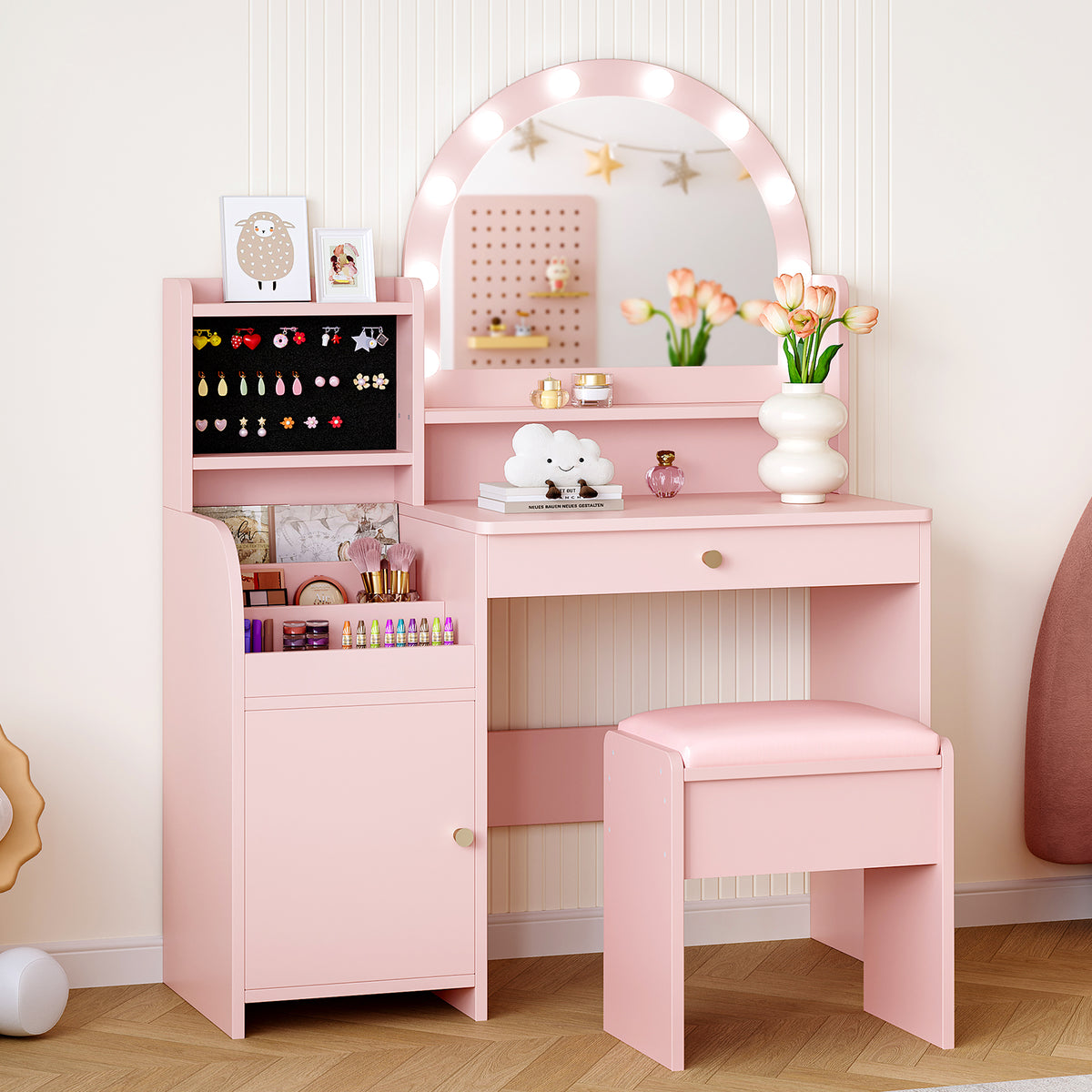 Kids Vanity Table Set with Lighted Mirror, Stool & Storage (9747499516055)