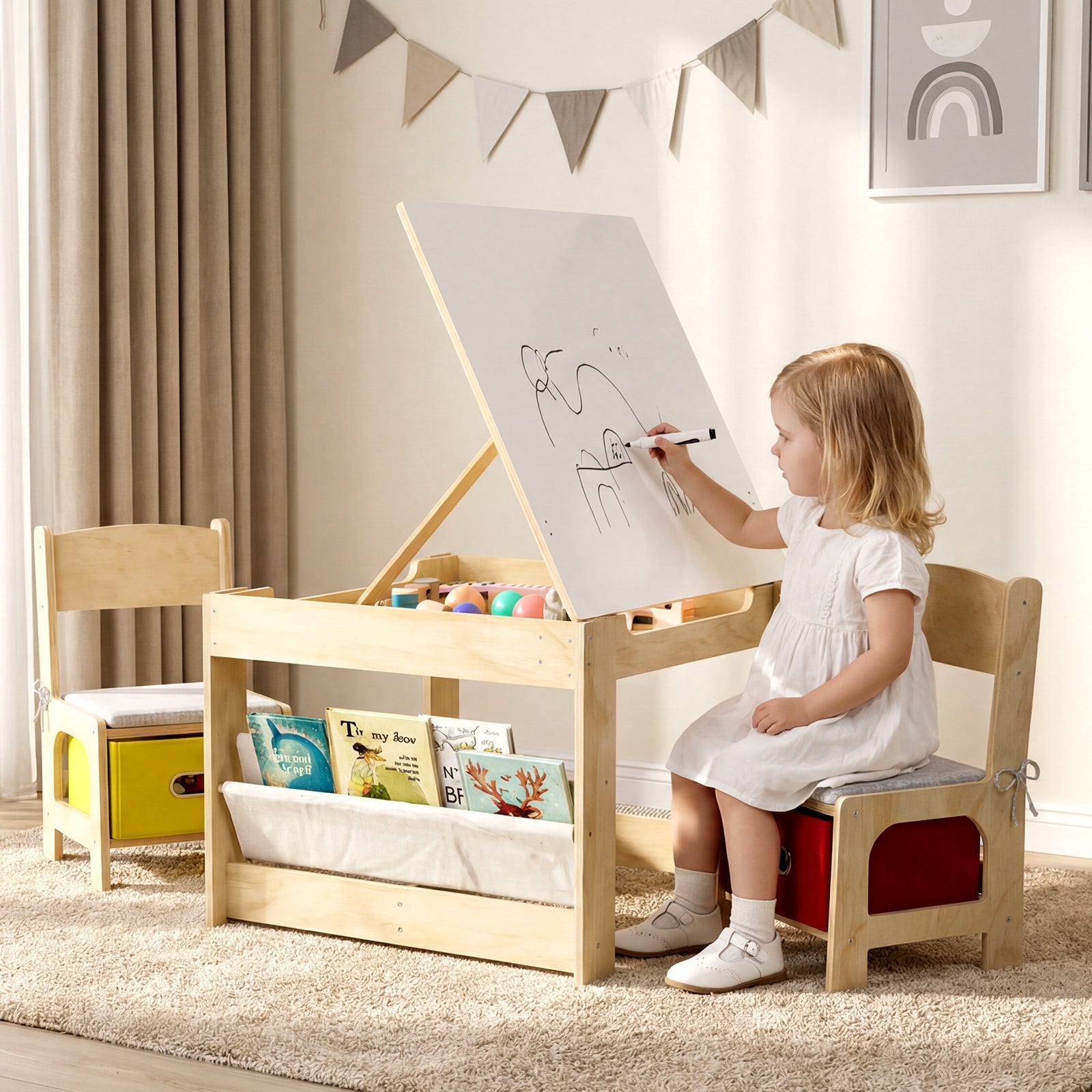A table that grows with their imagination – Wooden kids table with blackboard, chairs, and storage drawer.