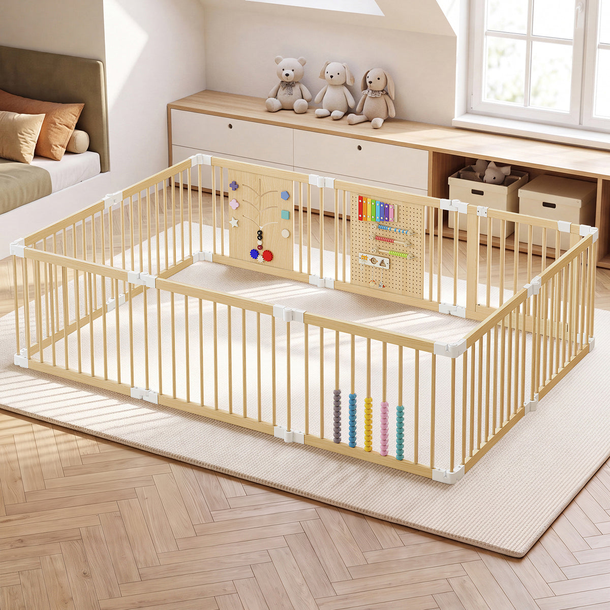 10-Panel Foldable Wooden Baby Playpen with Activity Panels (9706605281431)