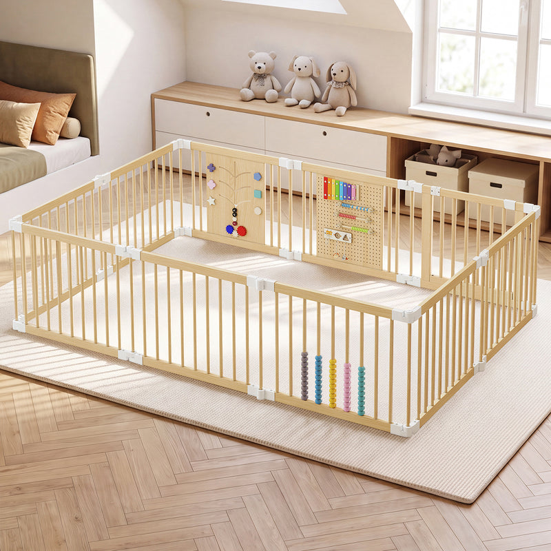 10-Panel Foldable Wooden Baby Playpen with Activity Panels (9706605281431)