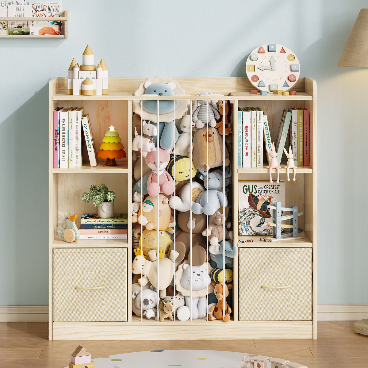 3-in-1 Kids Bookshelf with 2 Drawers & Plush Toy Storage (9570727559319)
