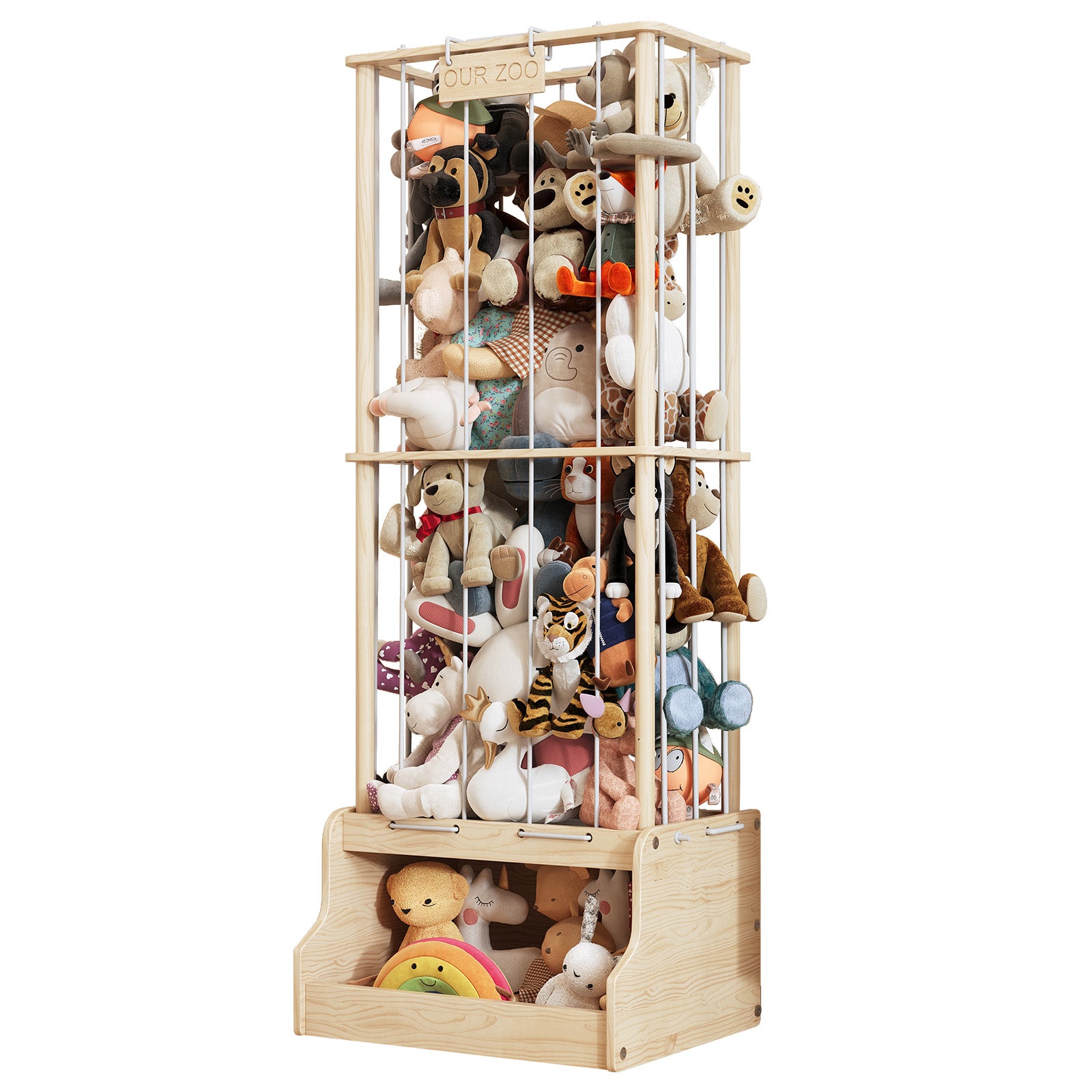 2-in-1 Stuffed Animal Storage – Solid Wood with Cube Base & Elastic Rope, Space-Saving for Playroom
