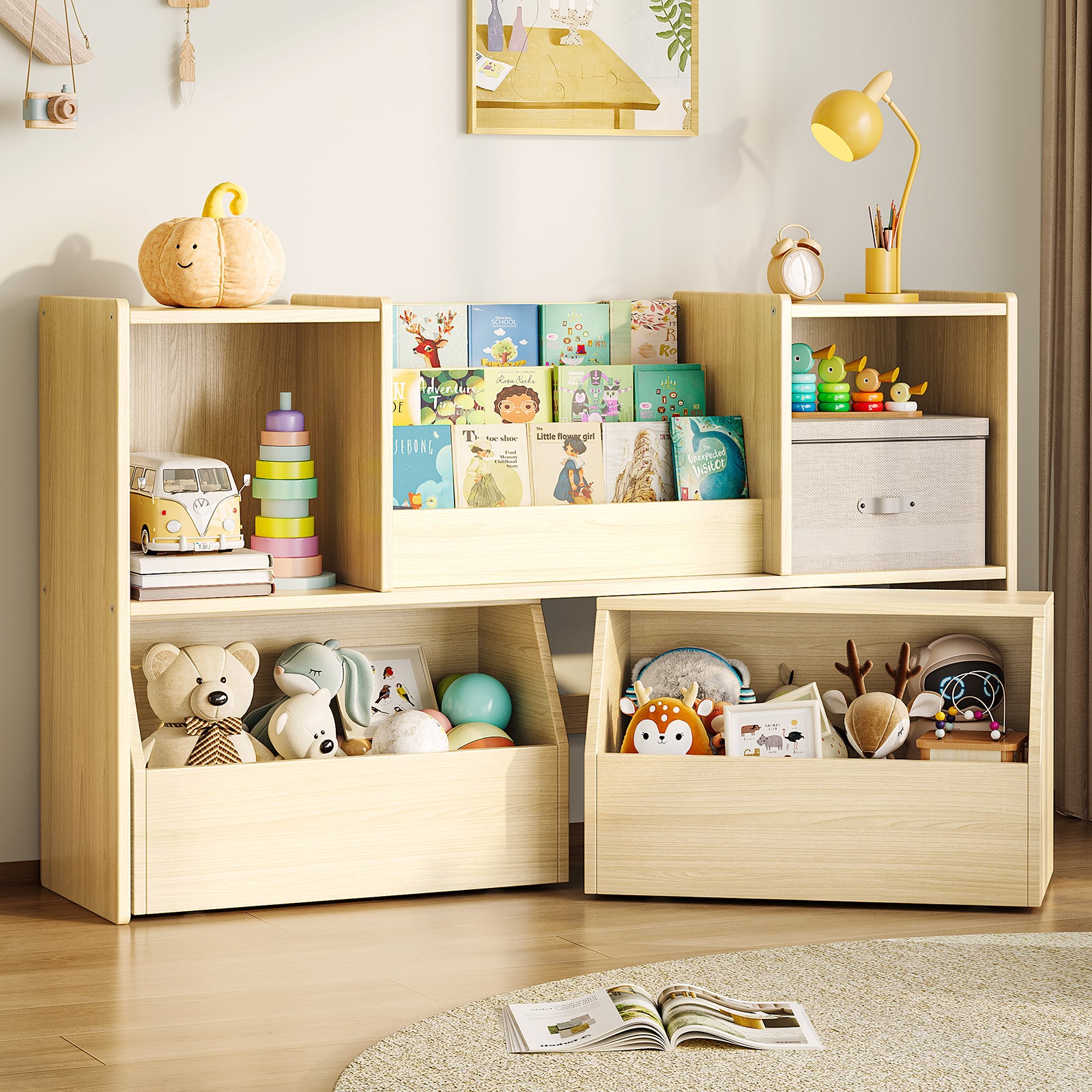 2-in-1 Kids Bookshelf with Storage Cubbies & 2 Wheeled Drawers (9605465604247)