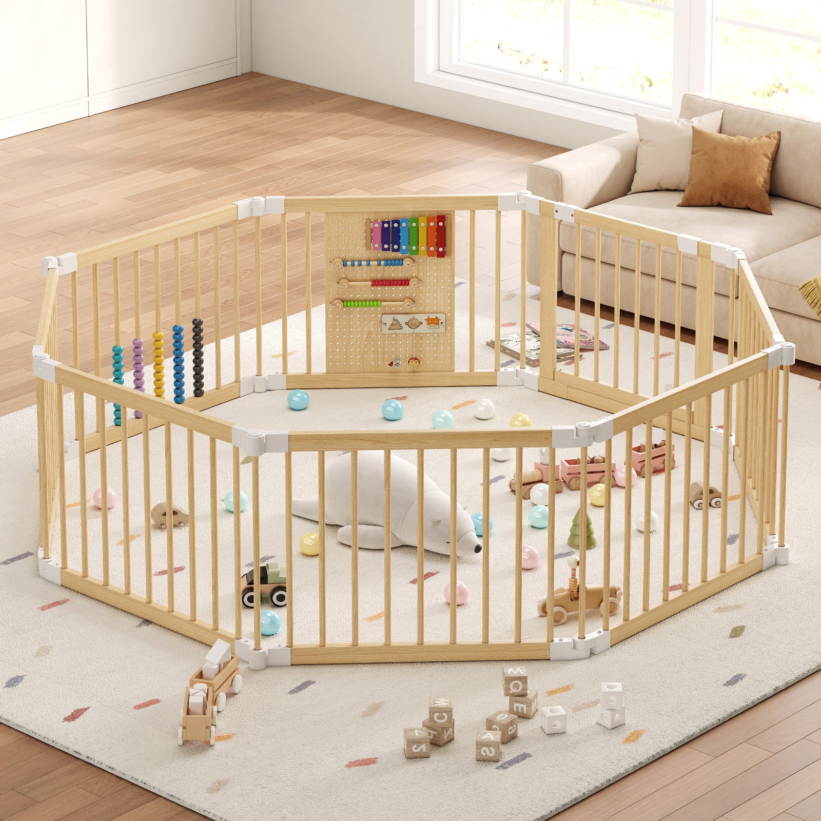 Foldable 8-Panel Wooden Playpen – Portable Safety Gate for Toddlers, Natural Pine Finish