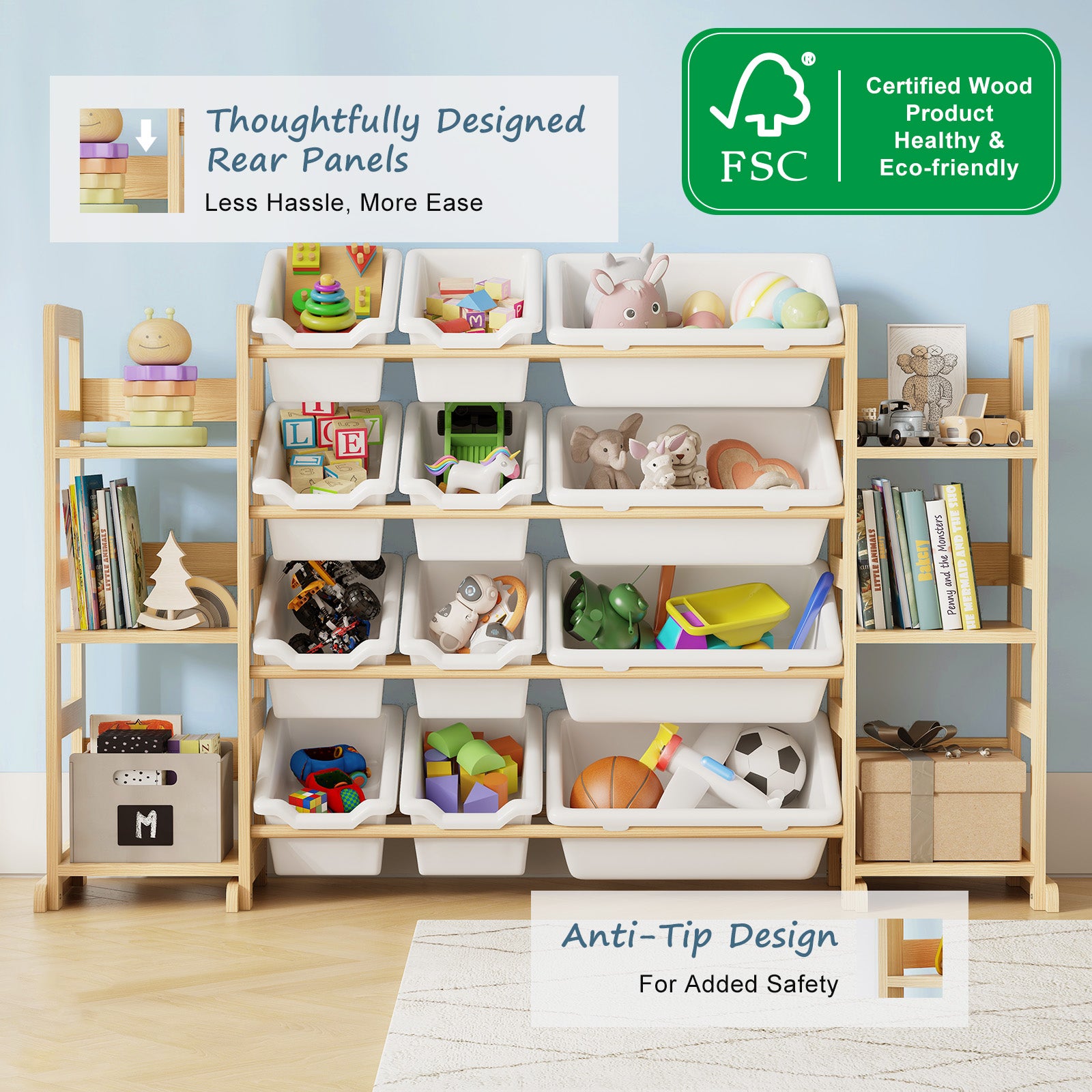 4 Shelves + 12 Storage Bins – All-in-One Toy Storage Organizer with Bookshelf for Kids Room