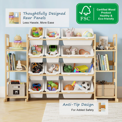 4 Shelves + 12 Storage Bins – All-in-One Toy Storage Organizer with Bookshelf for Kids Room