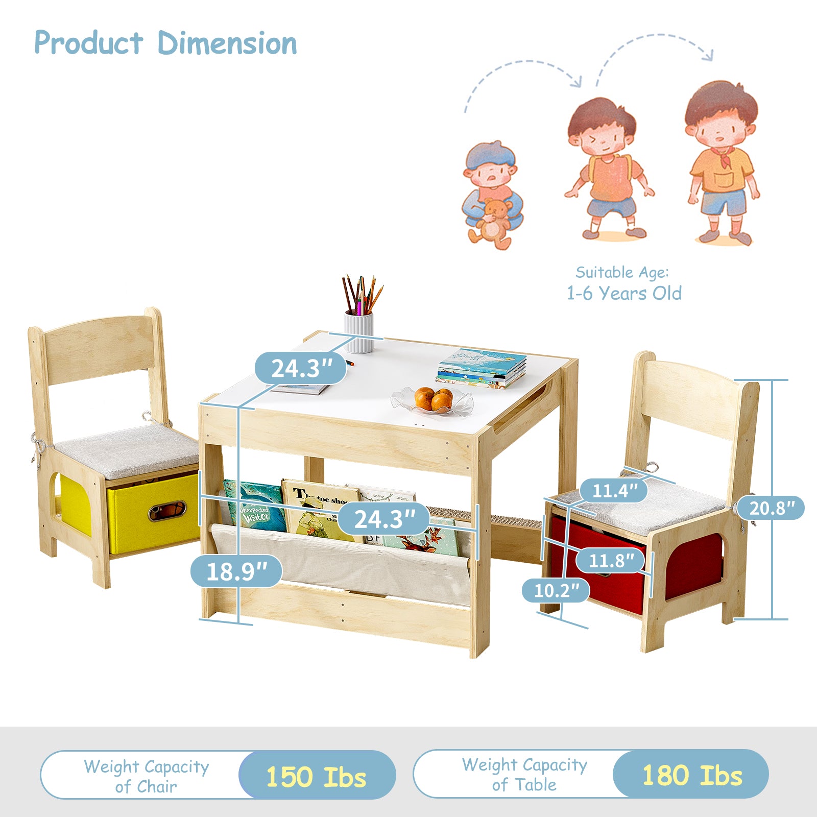 A table that grows with their imagination – Wooden kids table with blackboard, chairs, and storage drawer.