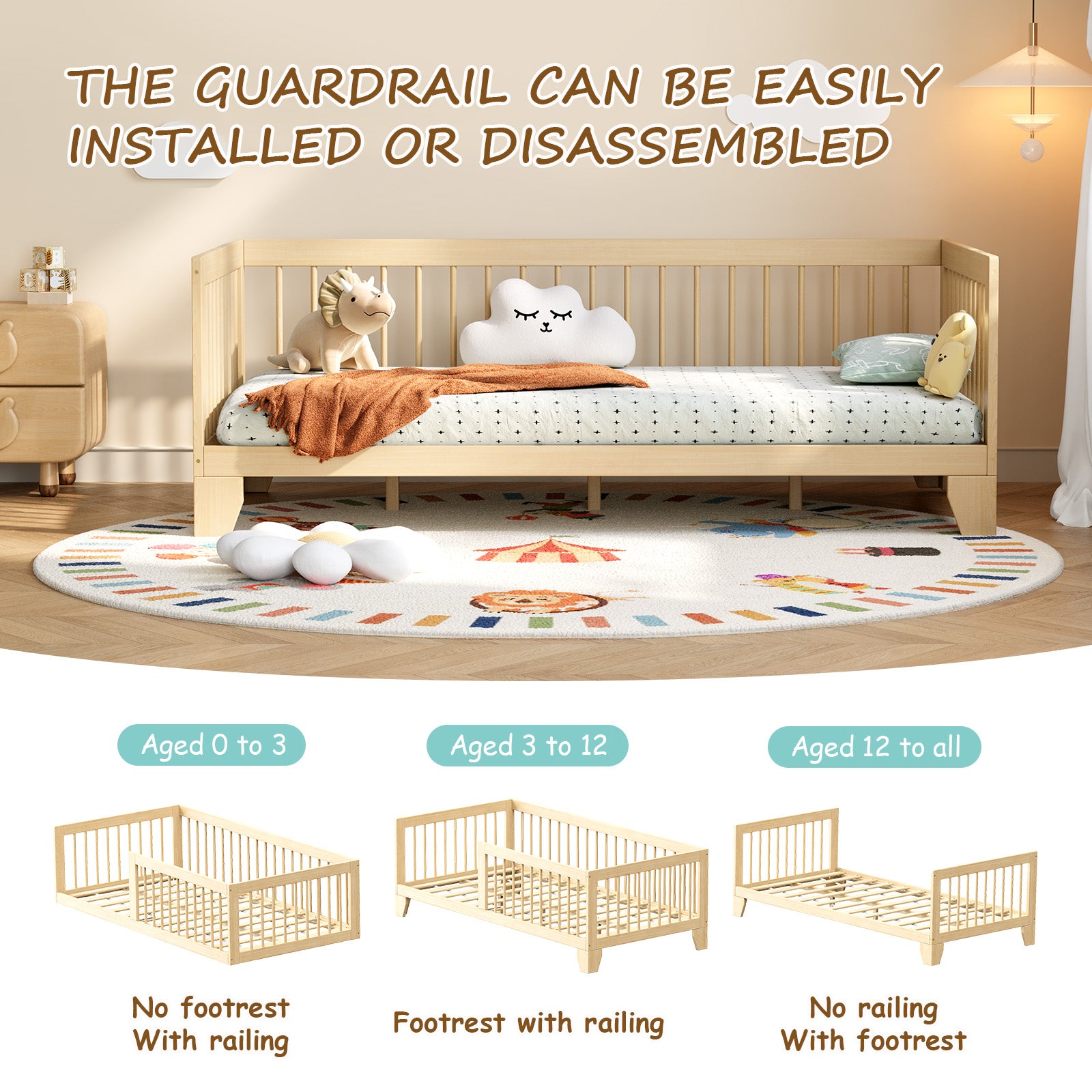 Safe & Independent Sleep – Solid Wood Floor Bed with Guardrail, Twin Size for Toddlers