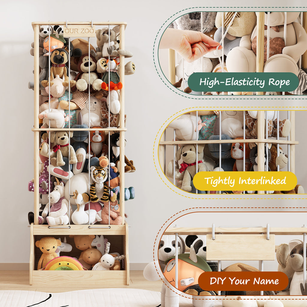2-in-1 Stuffed Animal Storage – Solid Wood with Cube Base & Elastic Rope, Space-Saving for Playroom