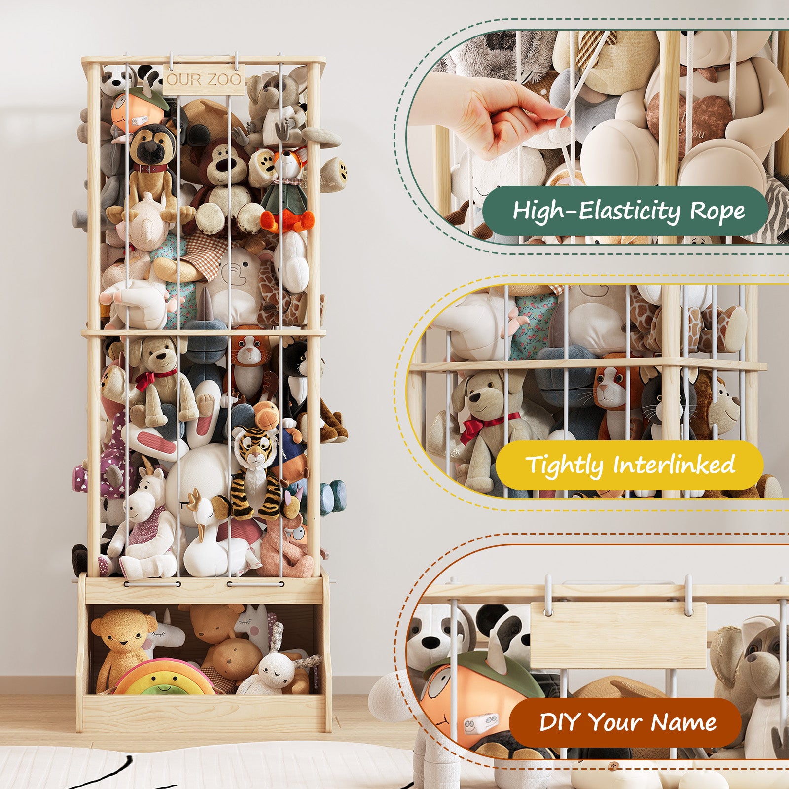 2-in-1 Stuffed Animal Storage – Solid Wood with Cube Base & Elastic Rope, Space-Saving for Playroom