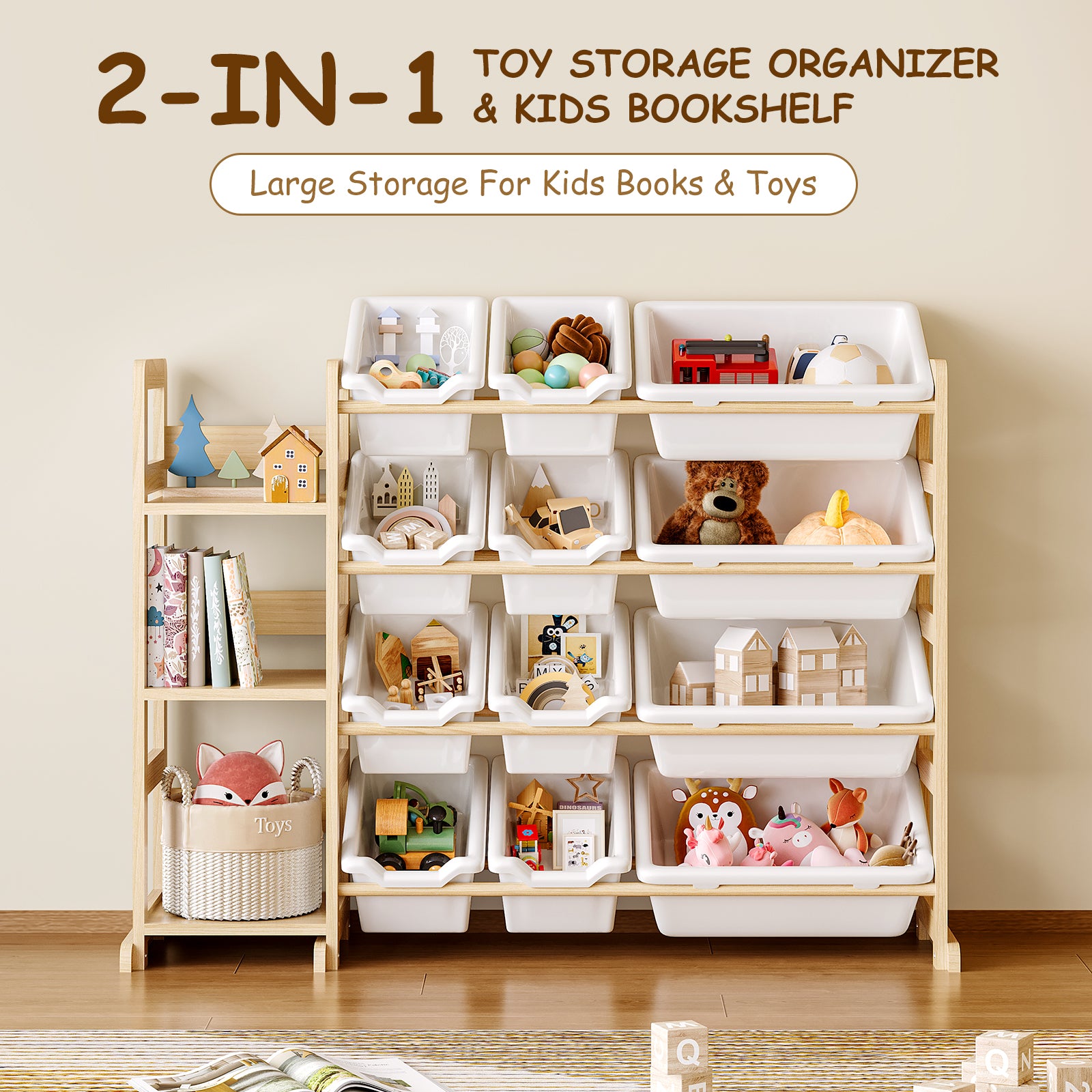 Books & Toys, Beautifully Organized – Solid Pine Storage Organizer with Bookshelf for Nursery, Playroom