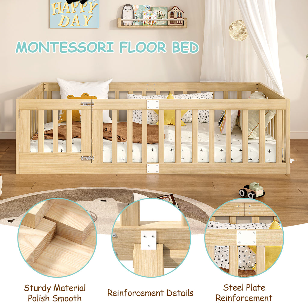 Twin Montessori Floor Bed with 10 Wood Slats and Guardrails (9642471063703)
