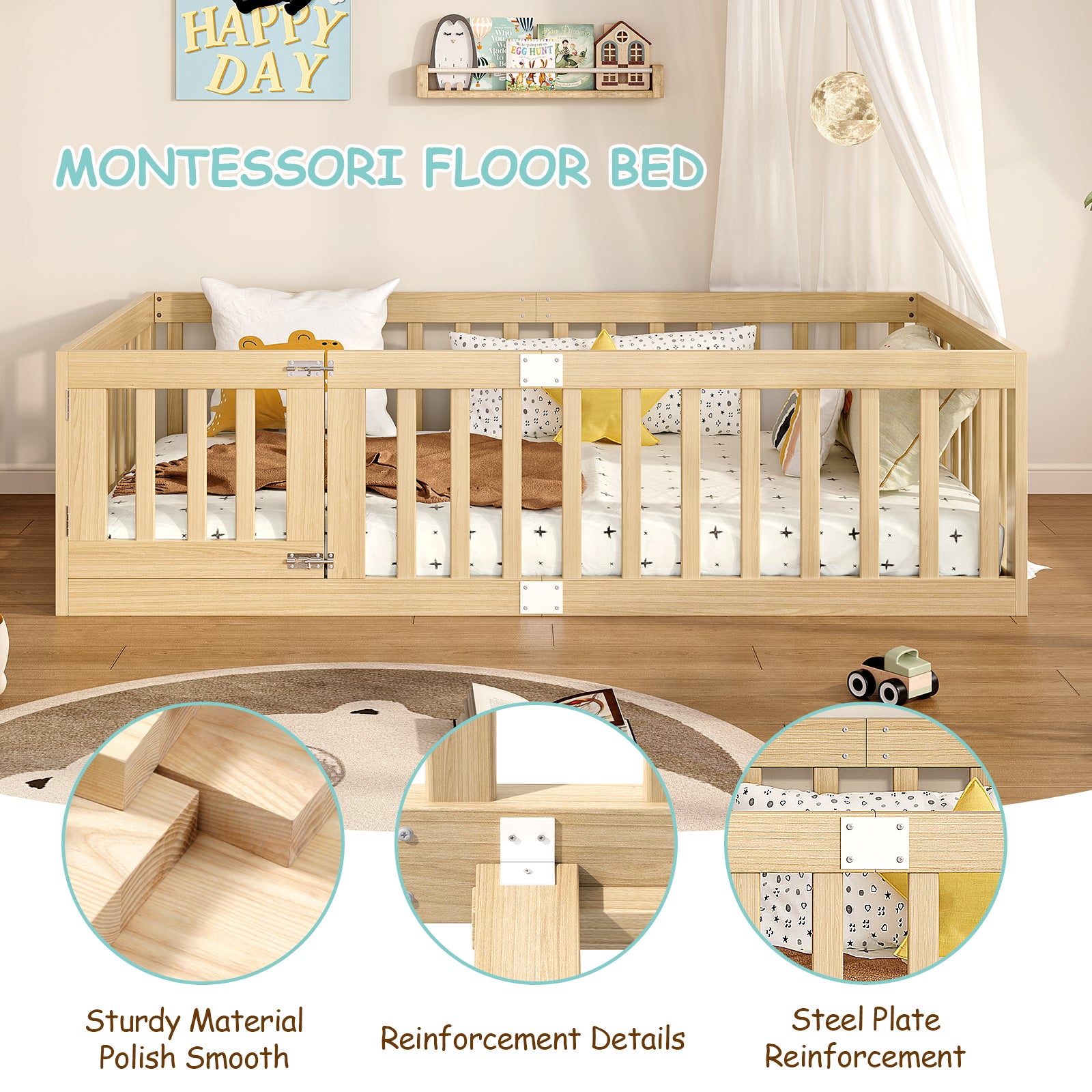 Twin Montessori Floor Bed with 10 Wood Slats and Guardrails (9642471063703)