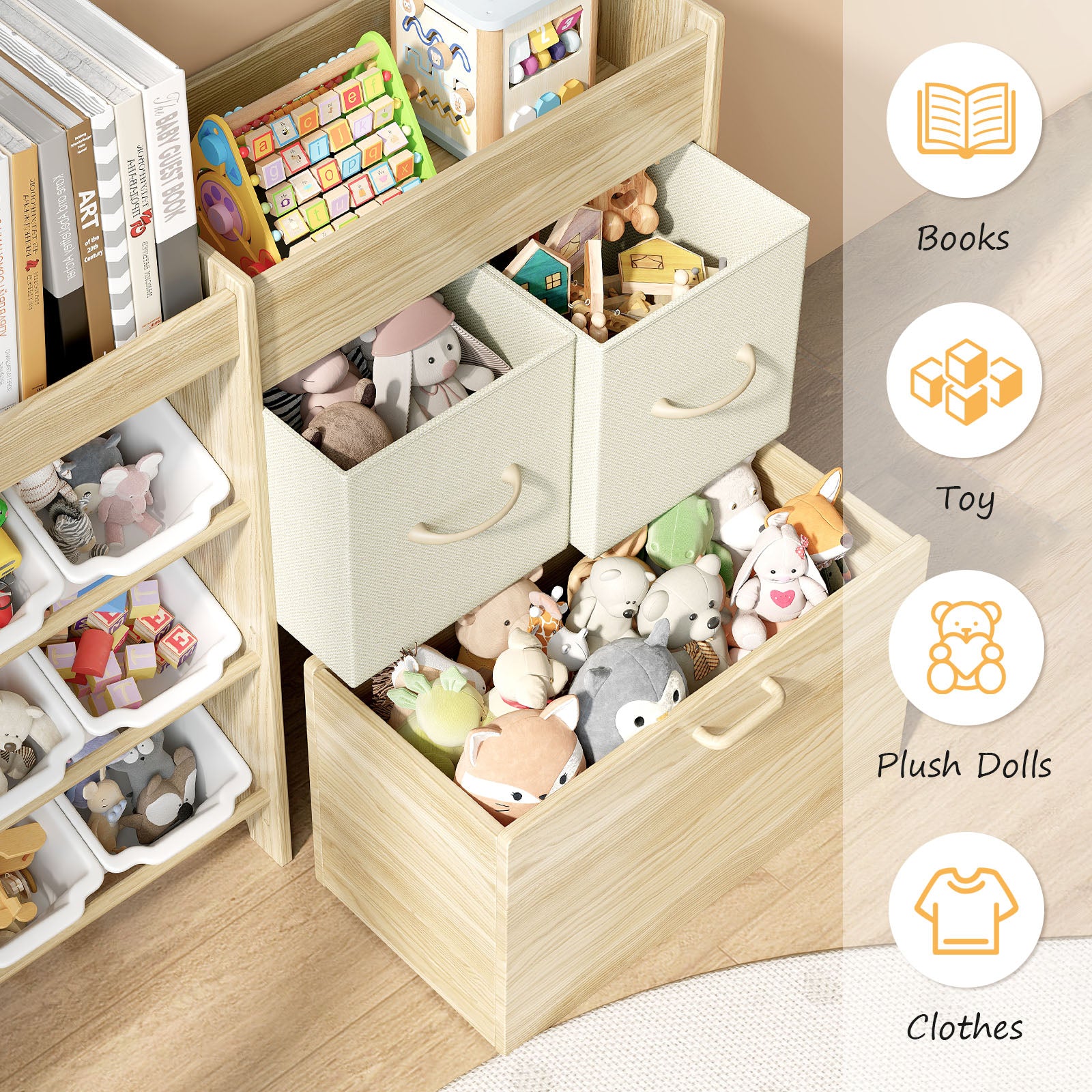 Solid Pine Wood Toy Organizer – Toy Storage with Bins and Drawers for Kids Room, Playroom, Nursery