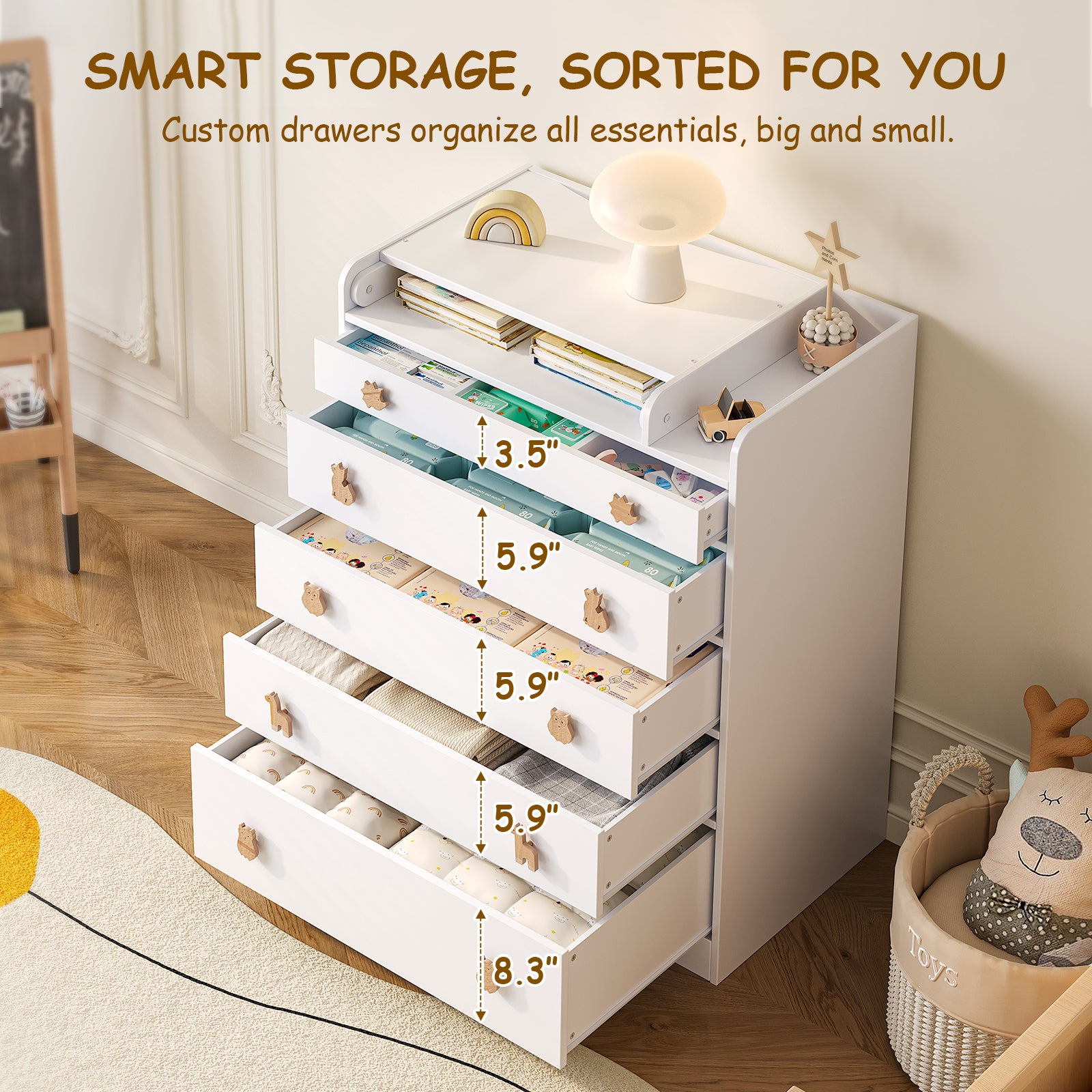 5-Drawer Changing Table with Fold-Down Top – Space-Saving Nursery Dresser & Baby Changing Station