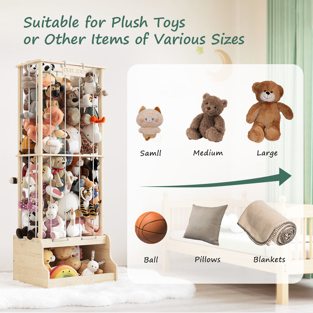 2-in-1 Stuffed Animal Storage – Solid Wood with Cube Base & Elastic Rope, Space-Saving for Playroom