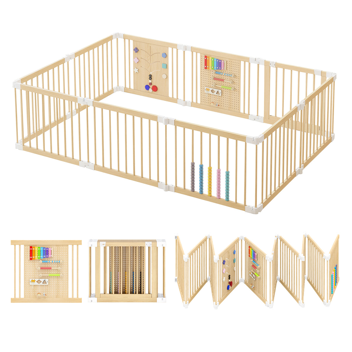 10-Panel Foldable Wooden Baby Playpen with Activity Panels (9706605281431)