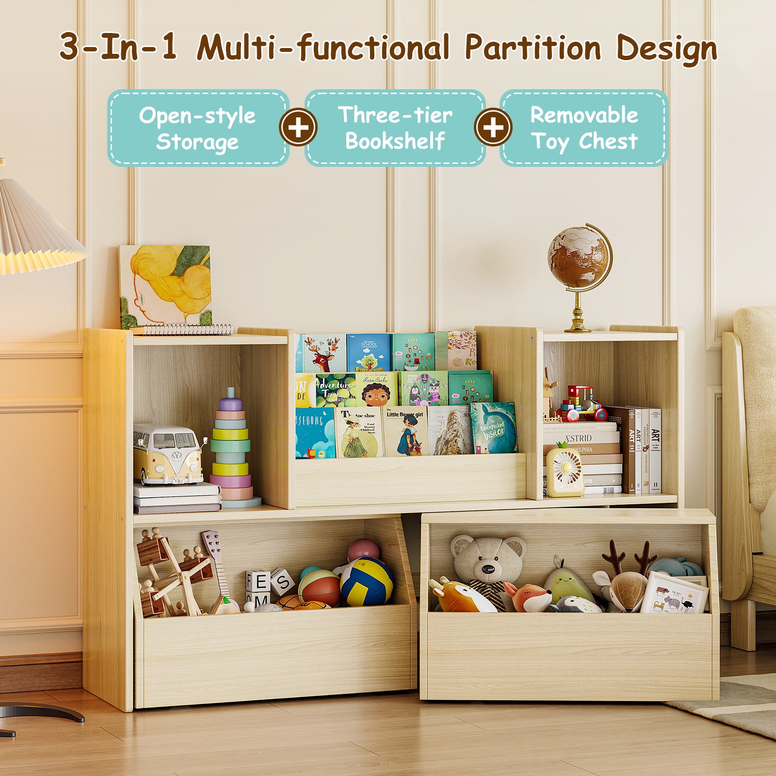 2-in-1 Kids Bookshelf with Storage Cubbies & 2 Wheeled Drawers (9605465604247)