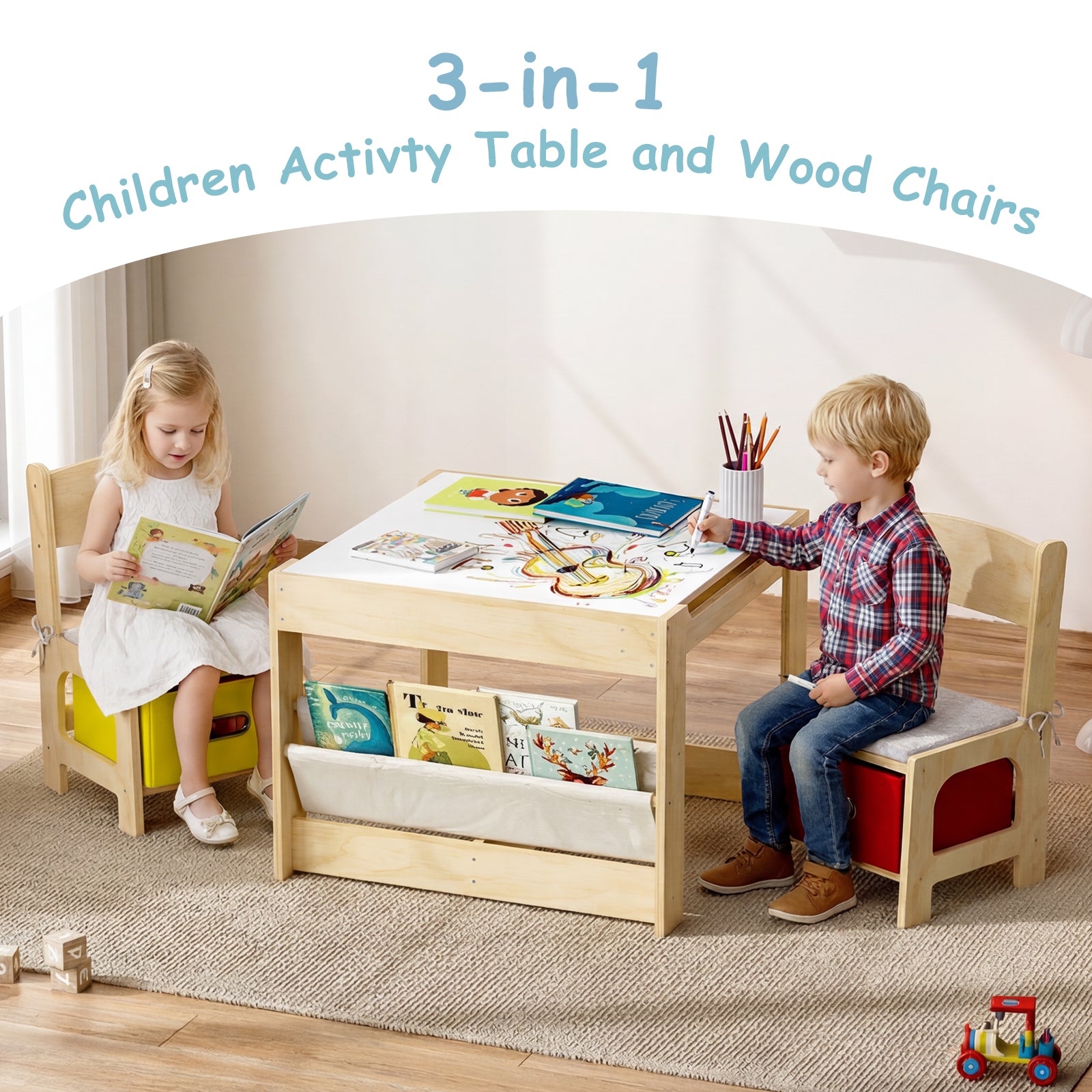 A table that grows with their imagination – Wooden kids table with blackboard, chairs, and storage drawer.