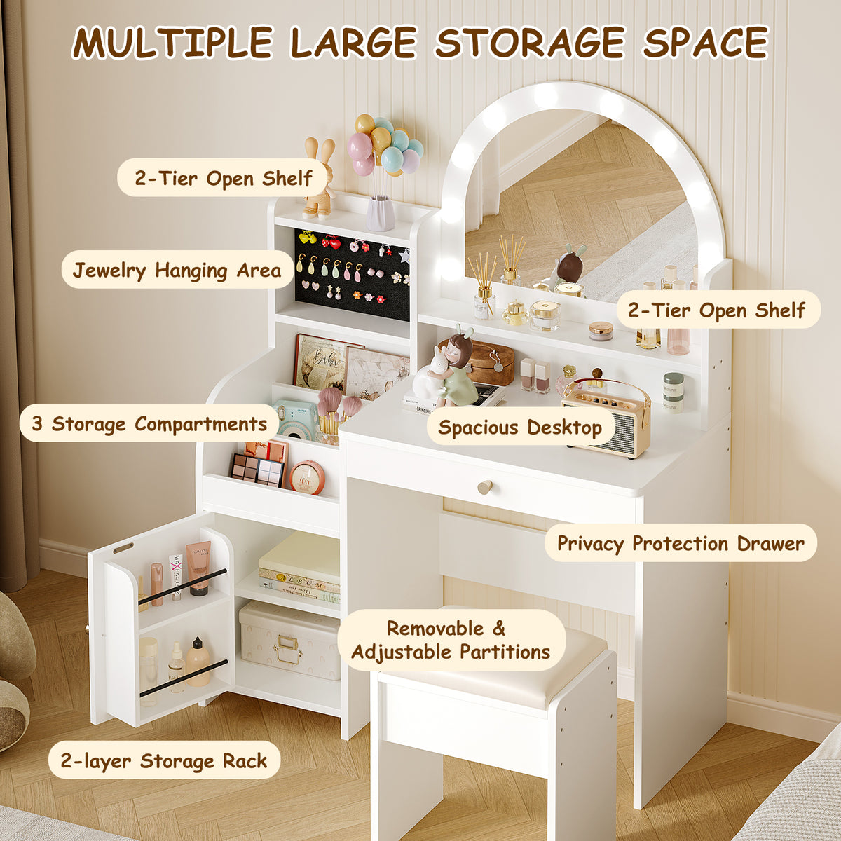 Kids Vanity Table Set with Lighted Mirror, Stool & Storage (9747499516055)
