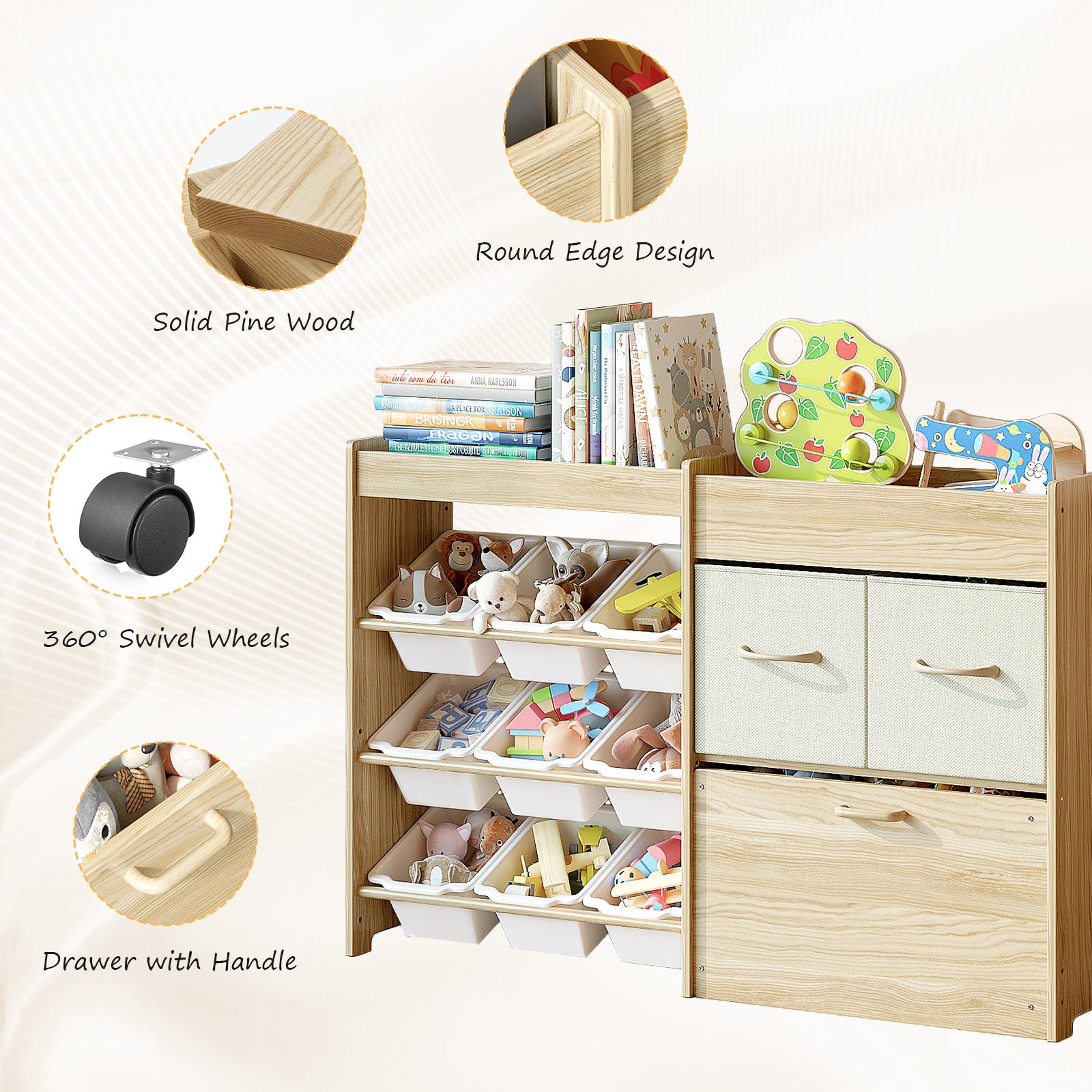 Solid Pine Wood Toy Organizer – Toy Storage with Bins and Drawers for Kids Room, Playroom, Nursery