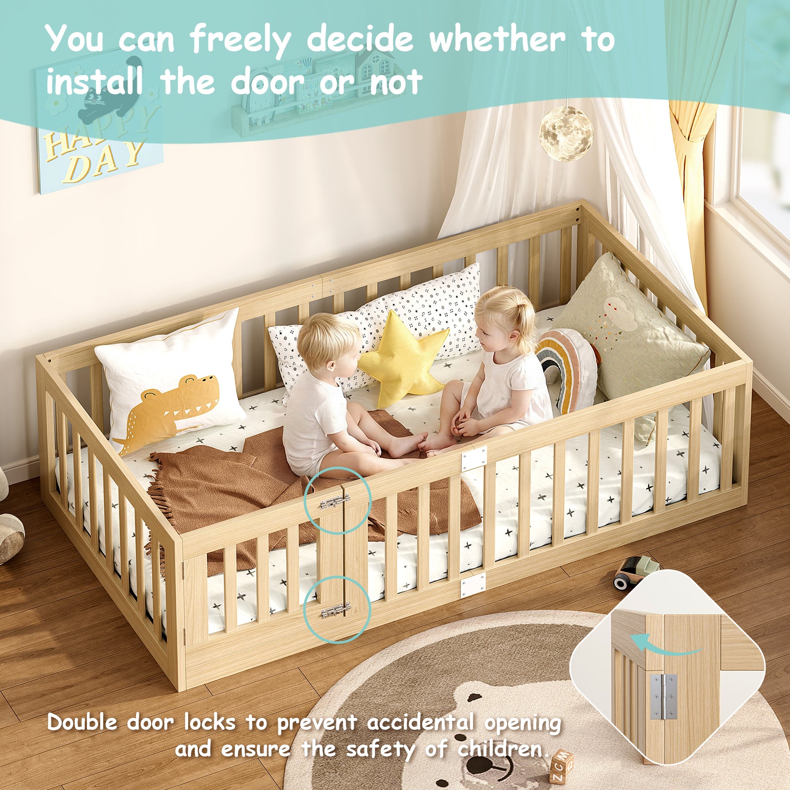Twin Montessori Floor Bed with 10 Wood Slats and Guardrails (9642471063703)
