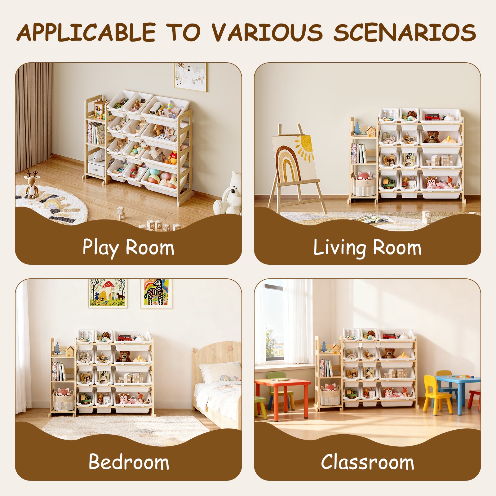 Books & Toys, Beautifully Organized – Solid Pine Storage Organizer with Bookshelf for Nursery, Playroom