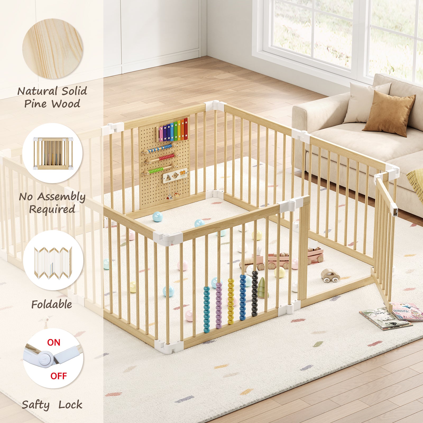 Foldable 8-Panel Wooden Playpen – Portable Safety Gate for Toddlers, Natural Pine Finish