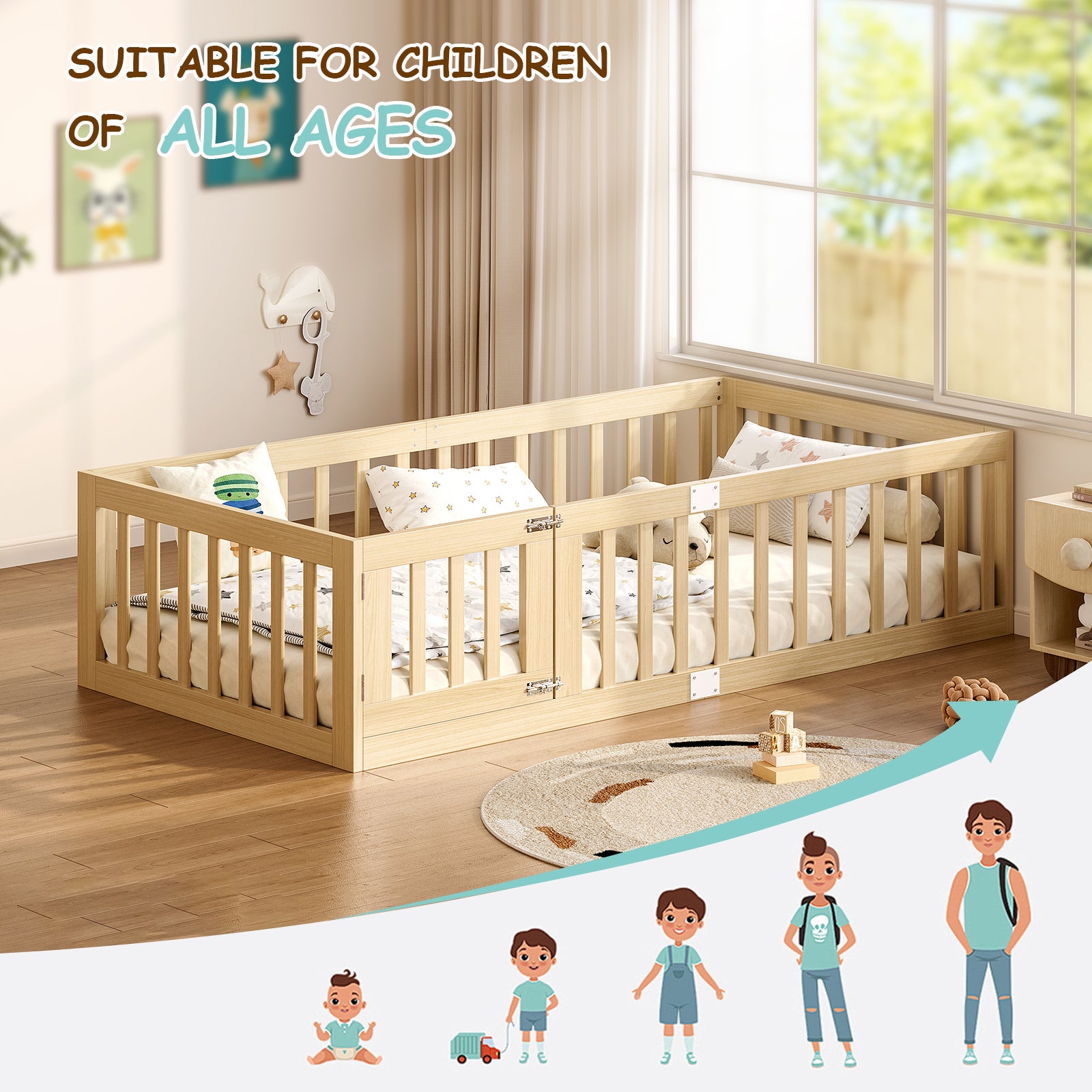 Twin Montessori Floor Bed with 10 Wood Slats and Guardrails (9642471063703)