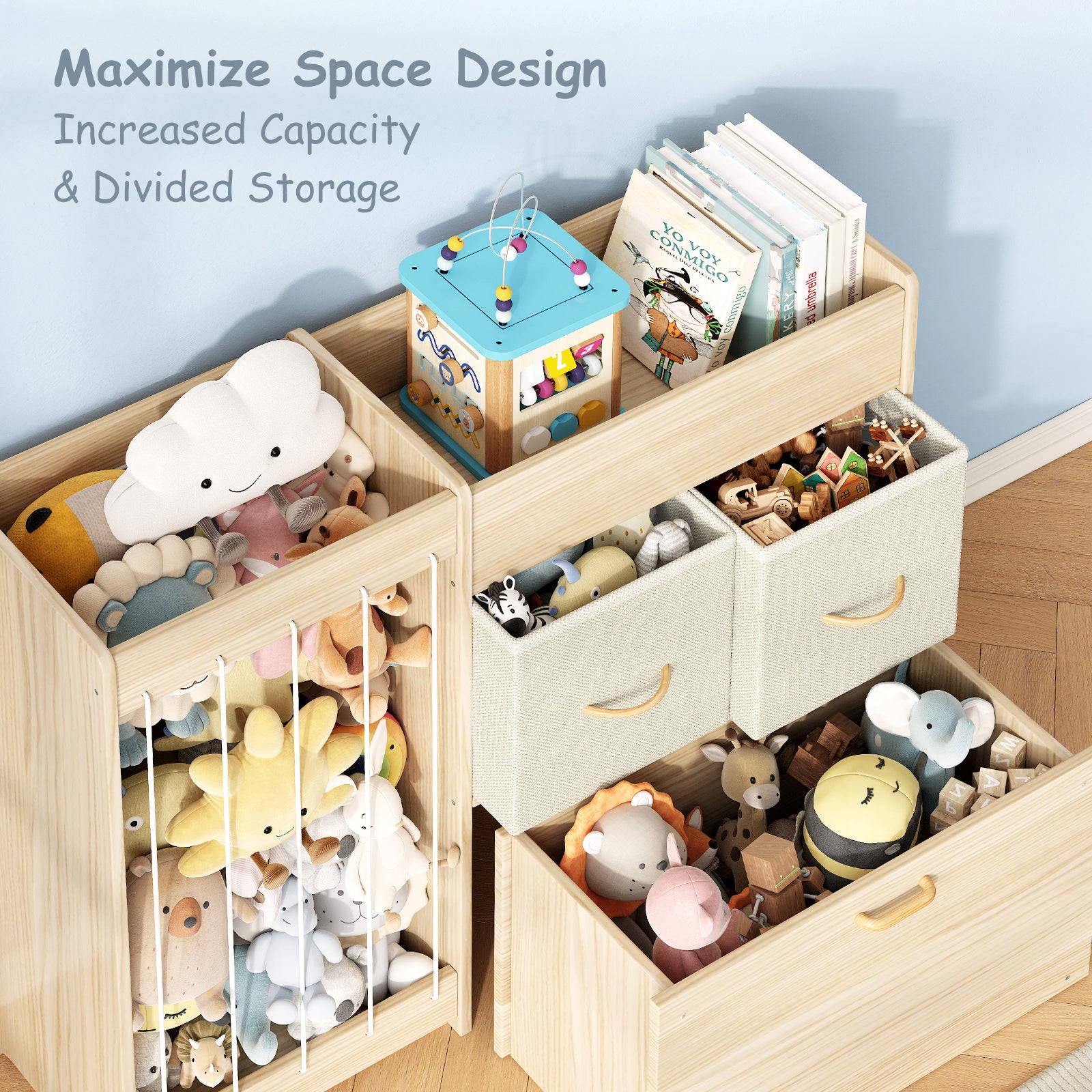 4-in-1 Rolling Wooden Toy Storage with Wheels (9605485101207)