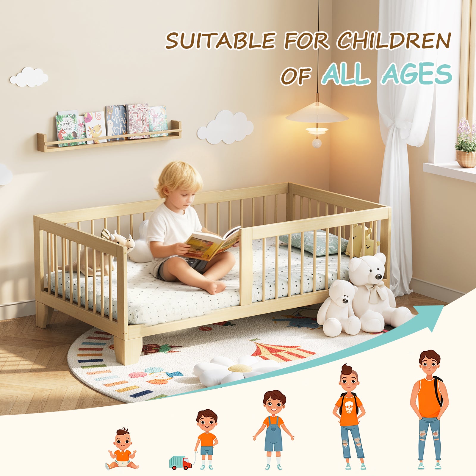 Safe & Independent Sleep – Solid Wood Floor Bed with Guardrail, Twin Size for Toddlers