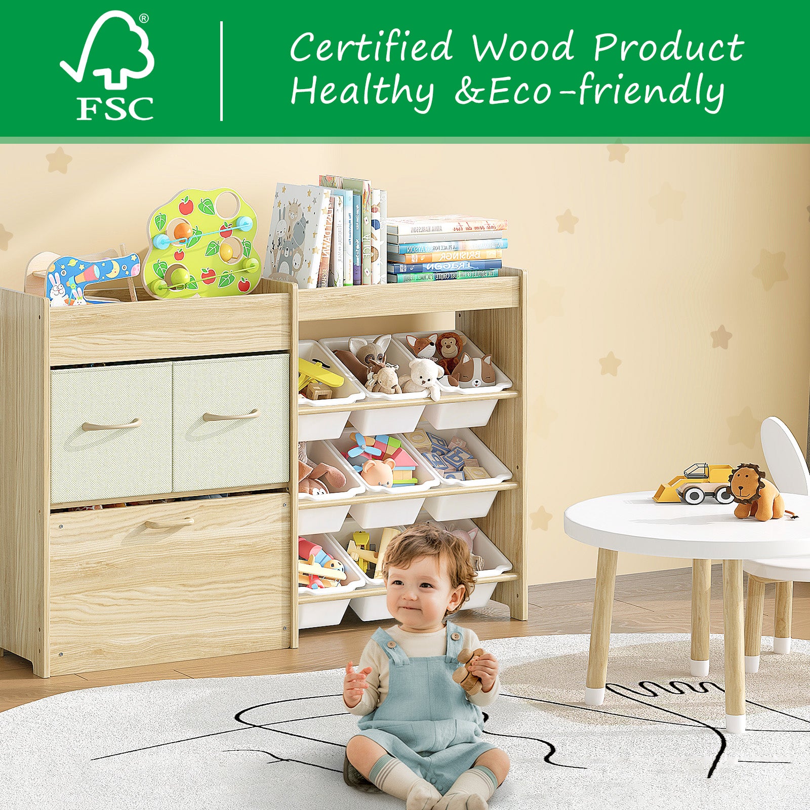 Solid Pine Wood Toy Organizer – Toy Storage with Bins and Drawers for Kids Room, Playroom, Nursery