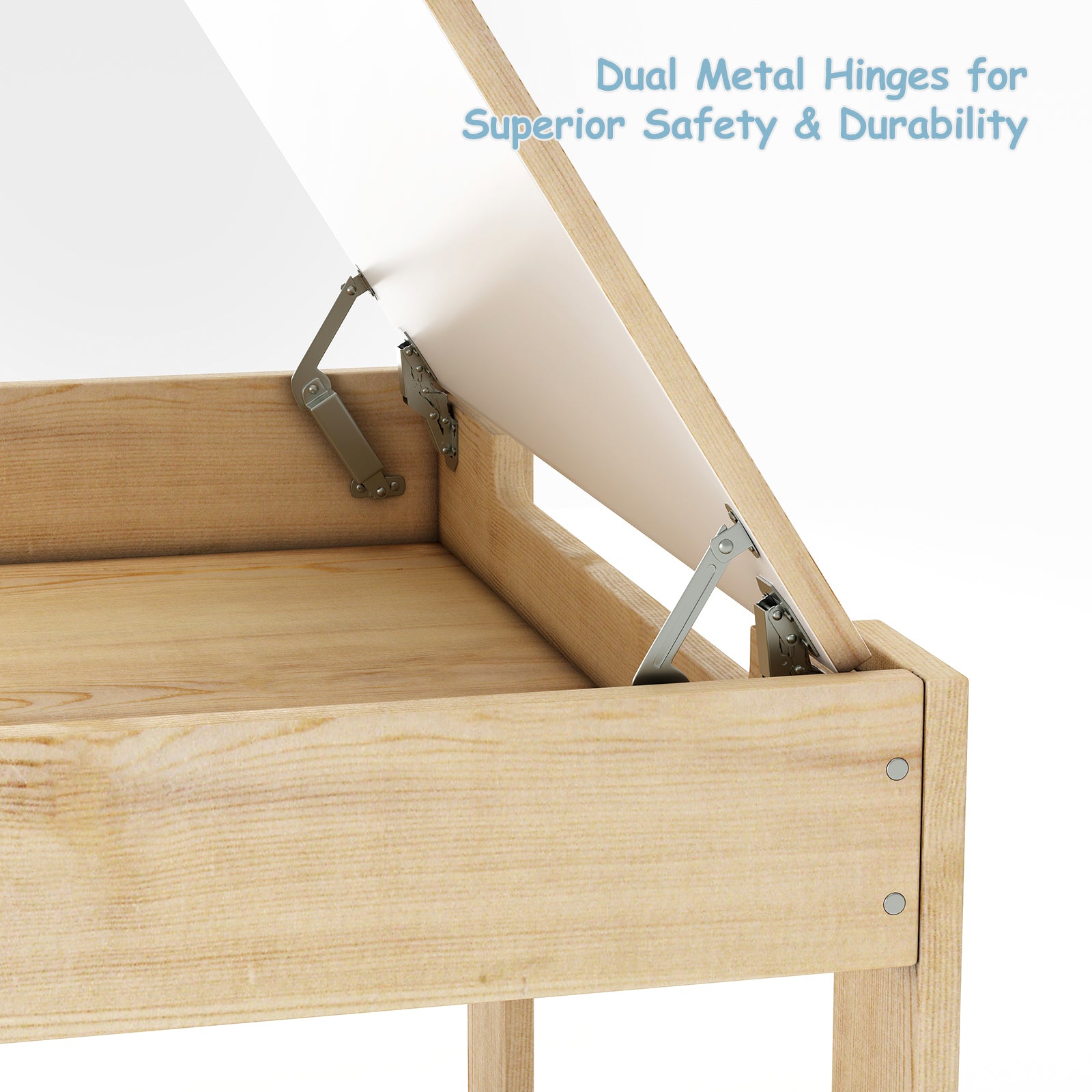 A table that grows with their imagination – Wooden kids table with blackboard, chairs, and storage drawer.