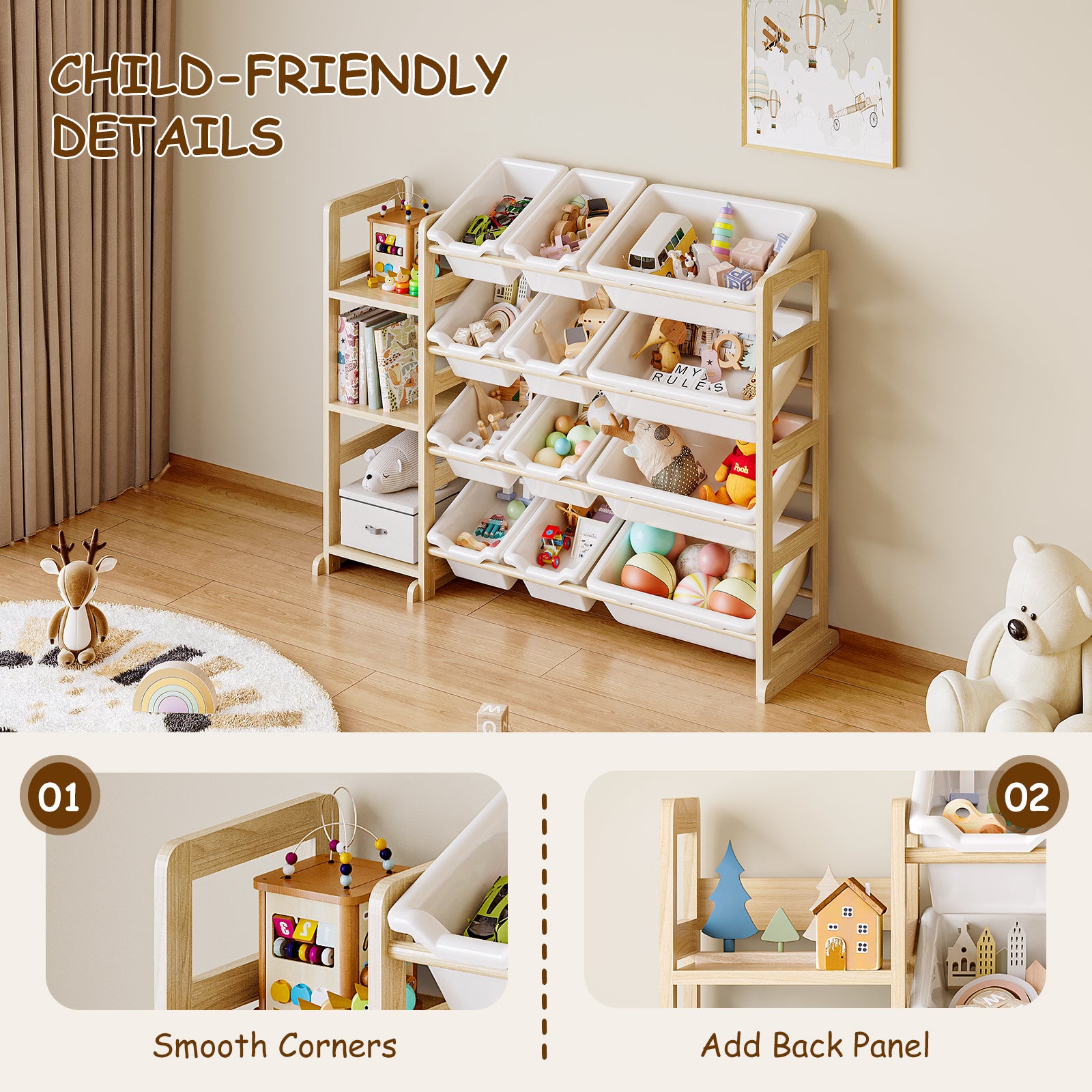 Books & Toys, Beautifully Organized – Solid Pine Storage Organizer with Bookshelf for Nursery, Playroom