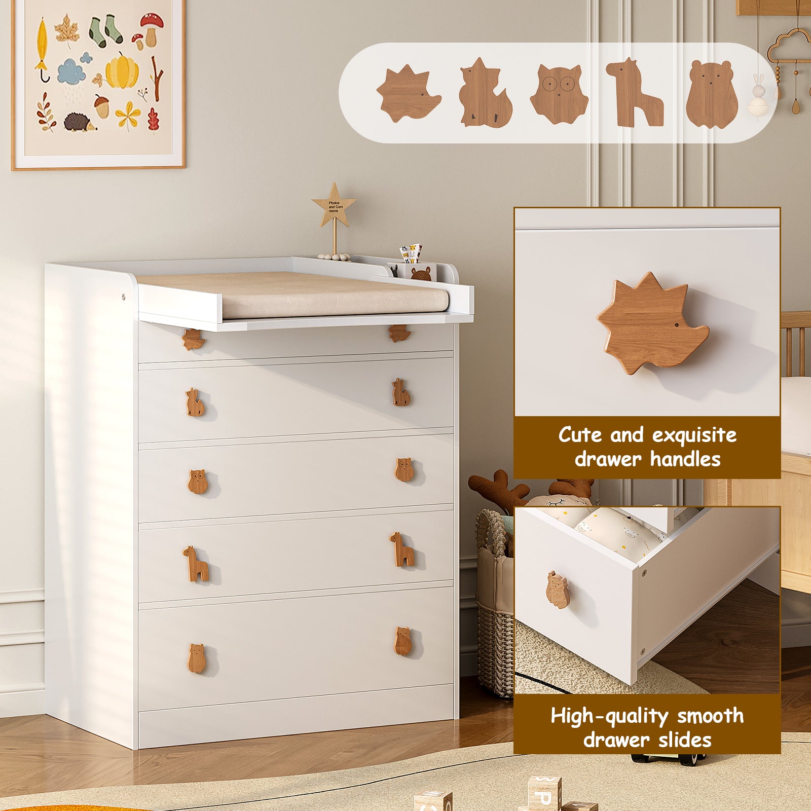 5-Drawer Changing Table with Fold-Down Top – Space-Saving Nursery Dresser & Baby Changing Station