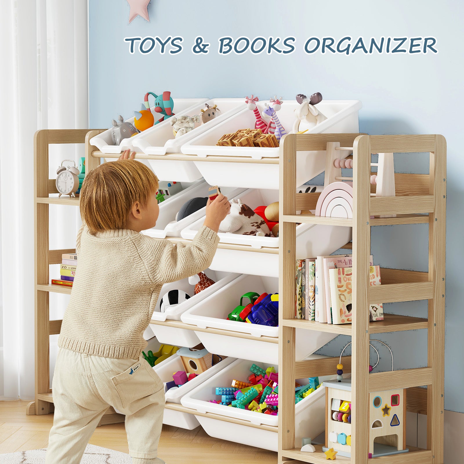 4 Shelves + 12 Storage Bins – All-in-One Toy Storage Organizer with Bookshelf for Kids Room