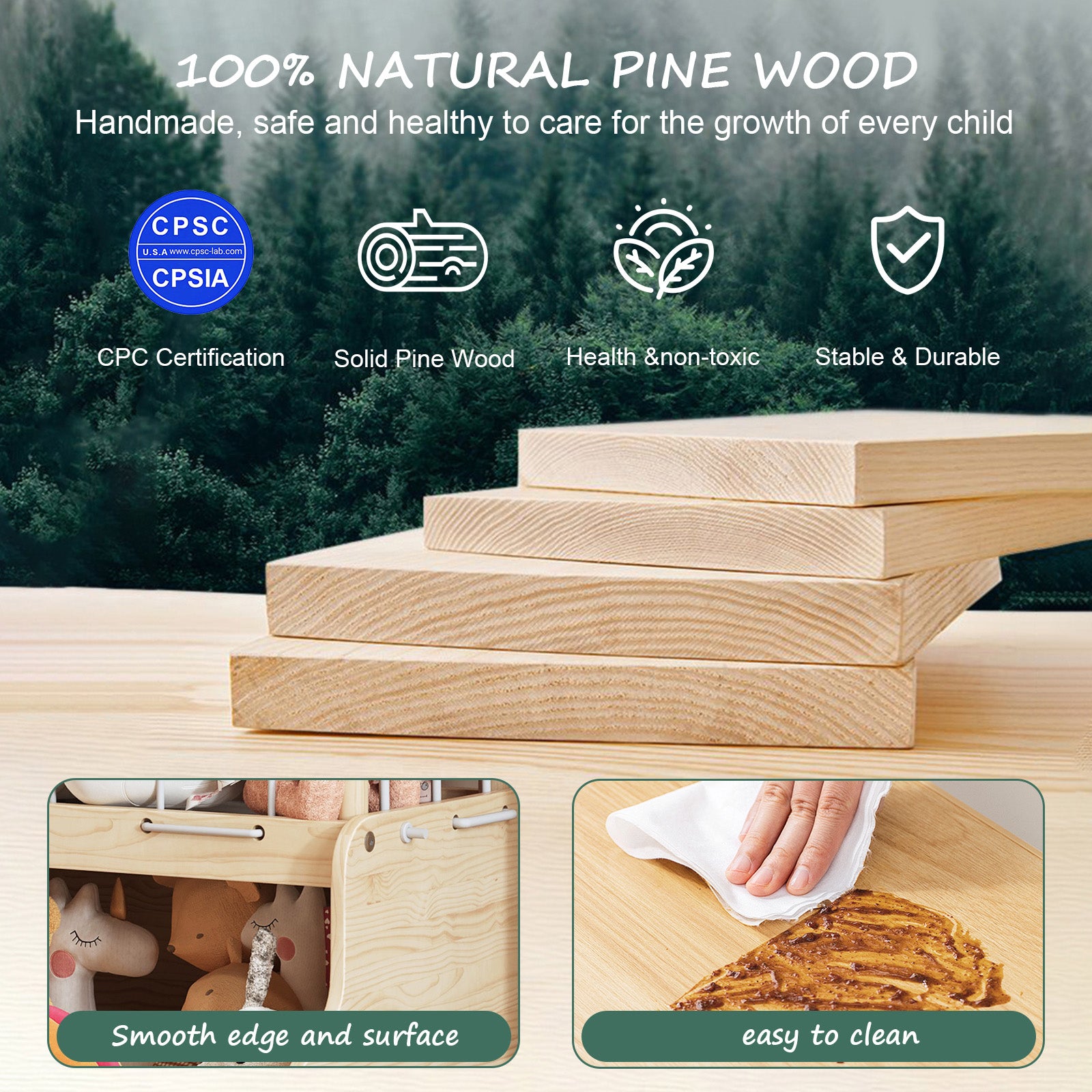 2-in-1 Stuffed Animal Storage – Solid Wood with Cube Base & Elastic Rope, Space-Saving for Playroom