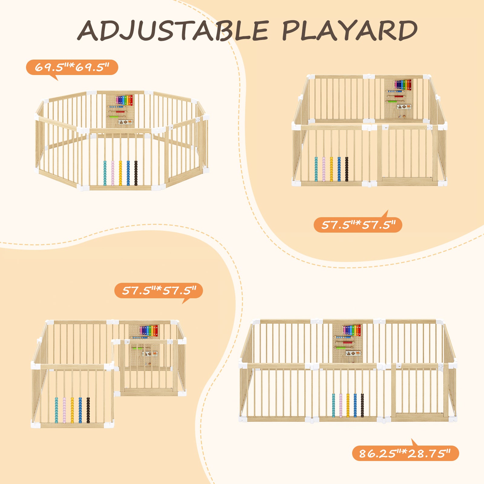 Foldable 8-Panel Wooden Playpen – Portable Safety Gate for Toddlers, Natural Pine Finish