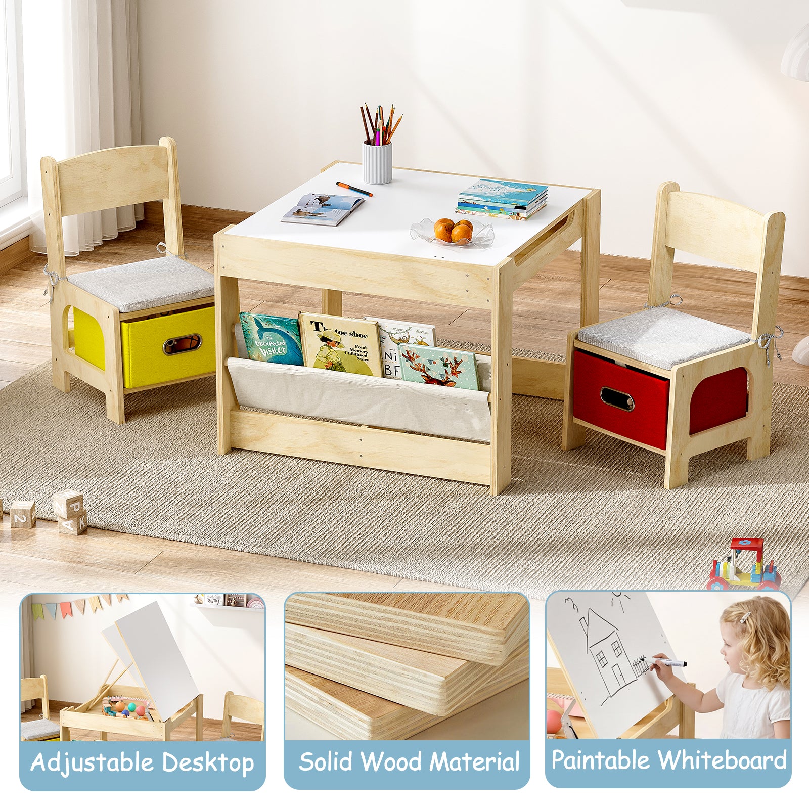 A table that grows with their imagination – Wooden kids table with blackboard, chairs, and storage drawer.