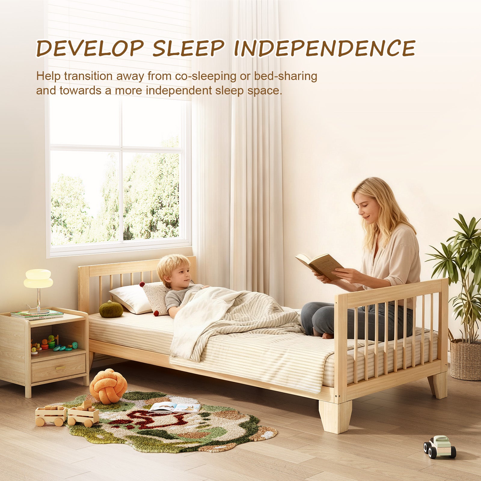 Safe & Independent Sleep – Solid Wood Floor Bed with Guardrail, Twin Size for Toddlers