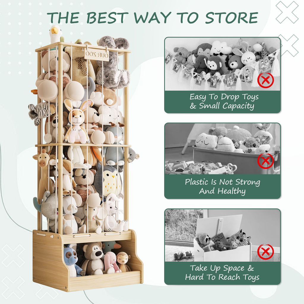 2-in-1 Stuffed Animal Storage – Solid Wood with Cube Base & Elastic Rope, Space-Saving for Playroom